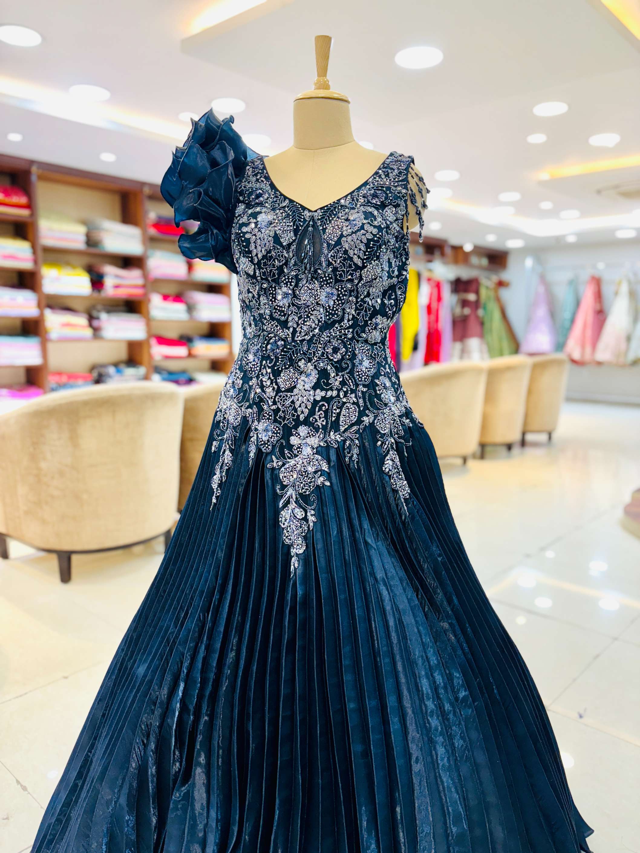 Navy Blue Sequins Embroidered Satin Reception Gown