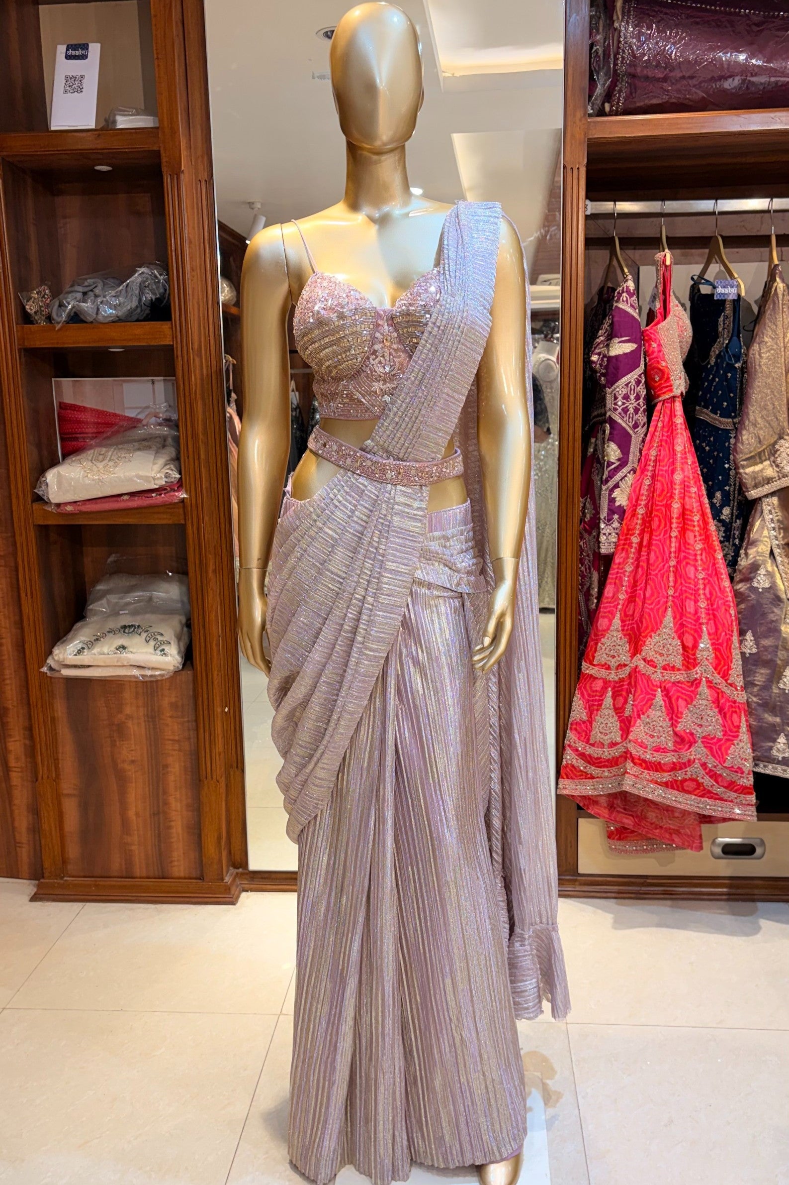 Peach Ruffled Festive Drape Saree
