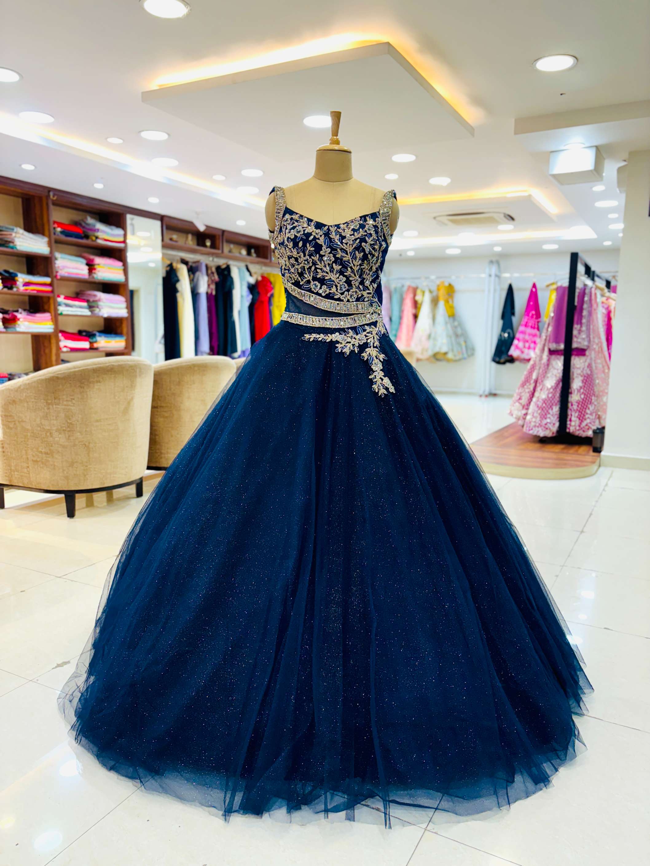 Navy Blue Sequins Embroidered Net Engagement Gown