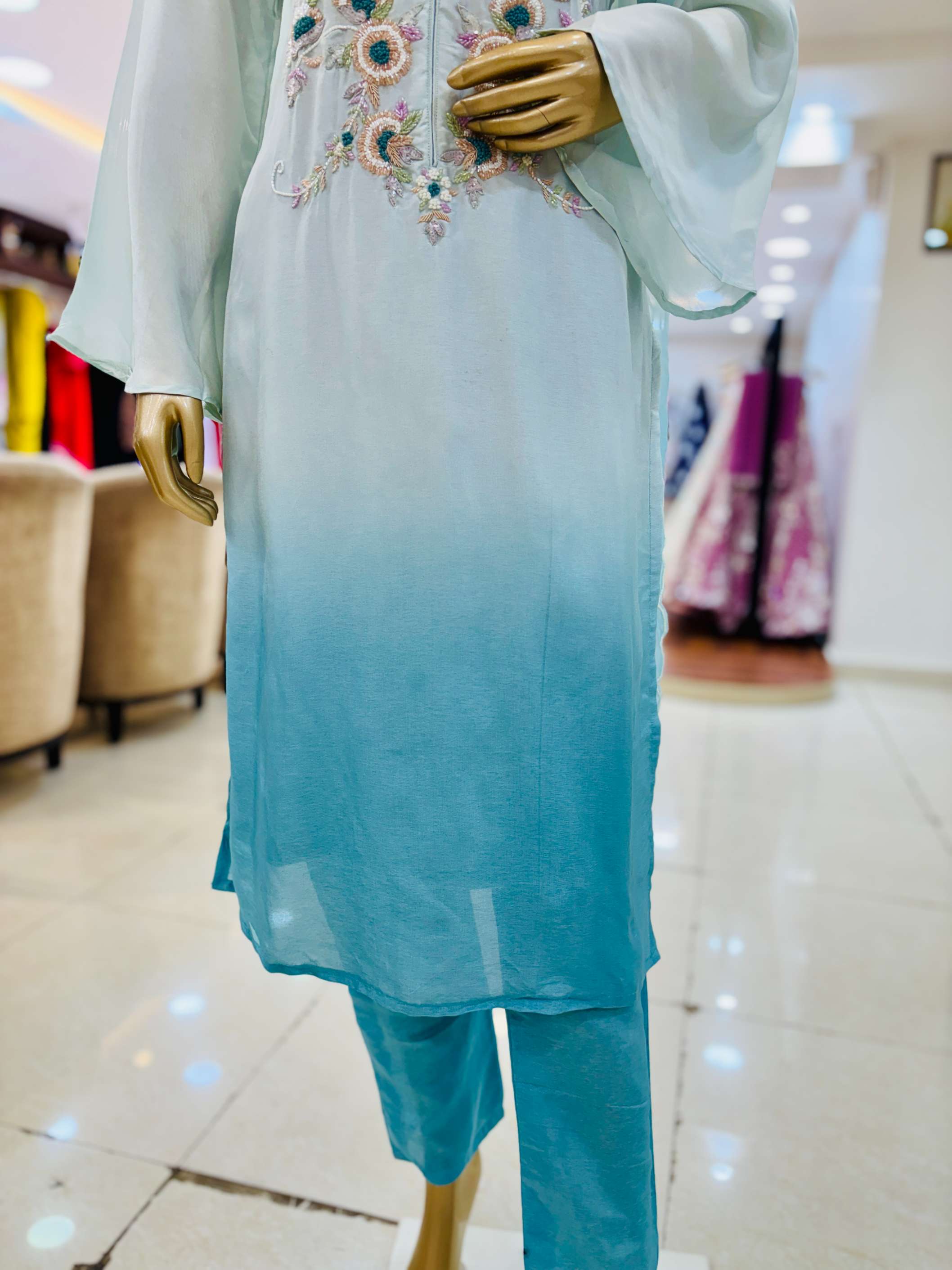 Shaded Blue Chinnon Silk Hand Work Suit Set