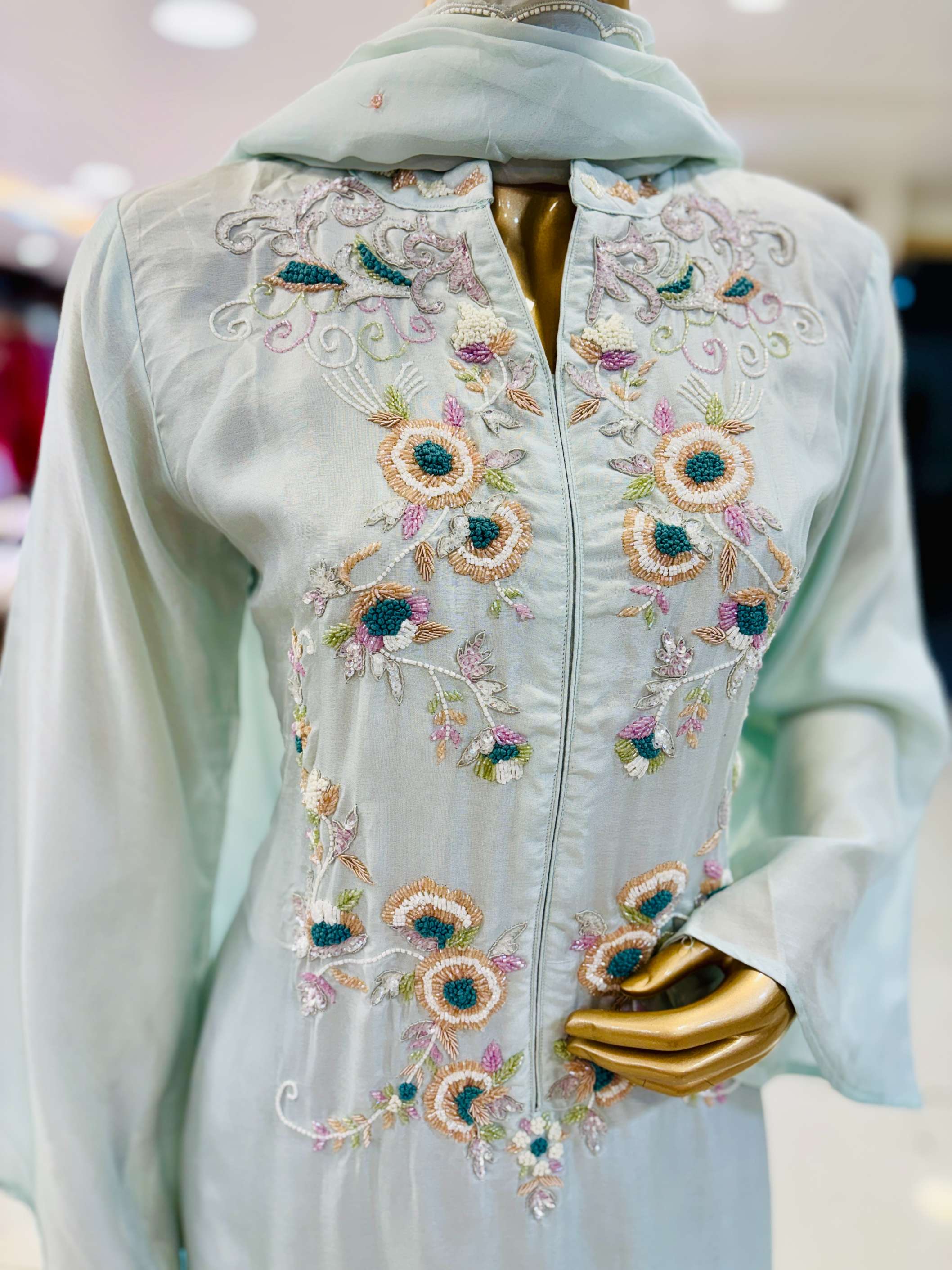 Shaded Blue Chinnon Silk Hand Work Suit Set