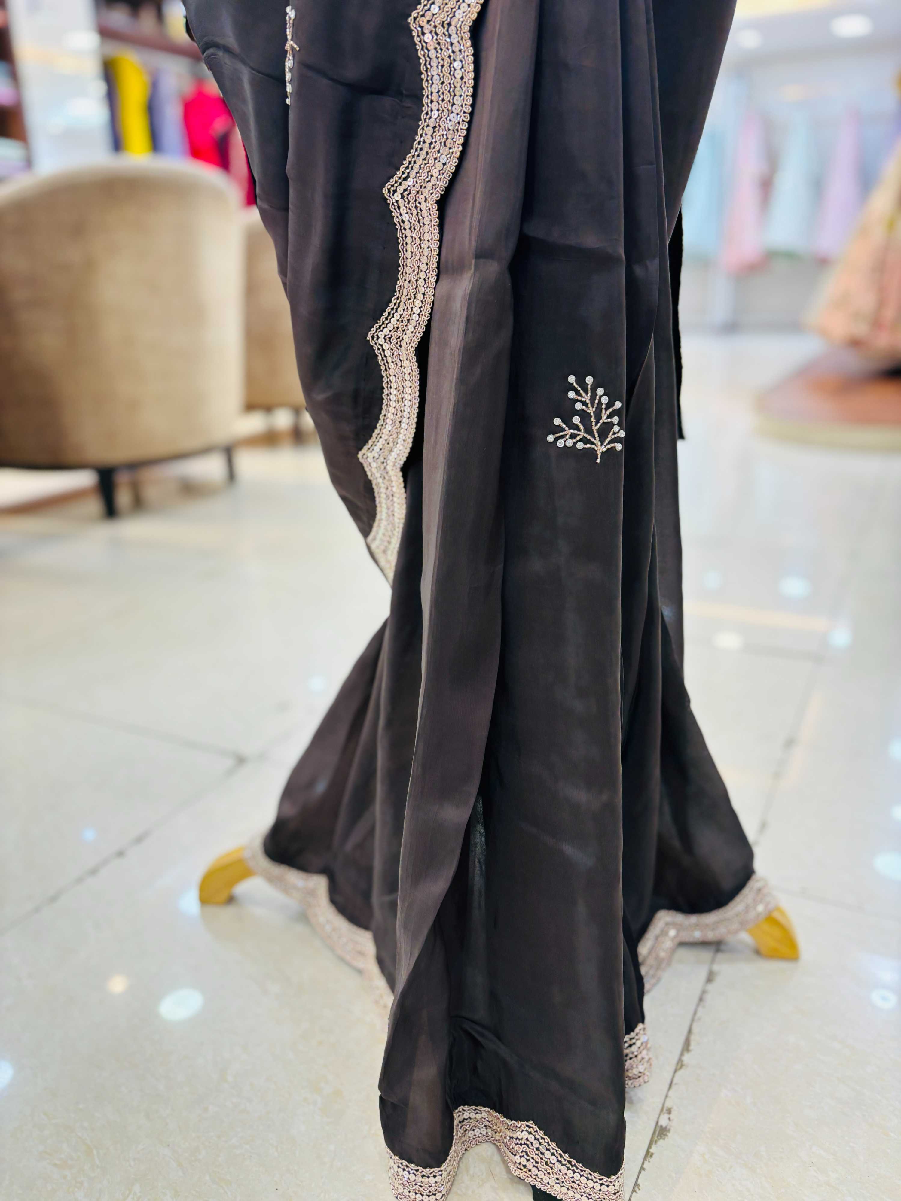Black Silk Saree WIth Light Brown Readymade Blouse