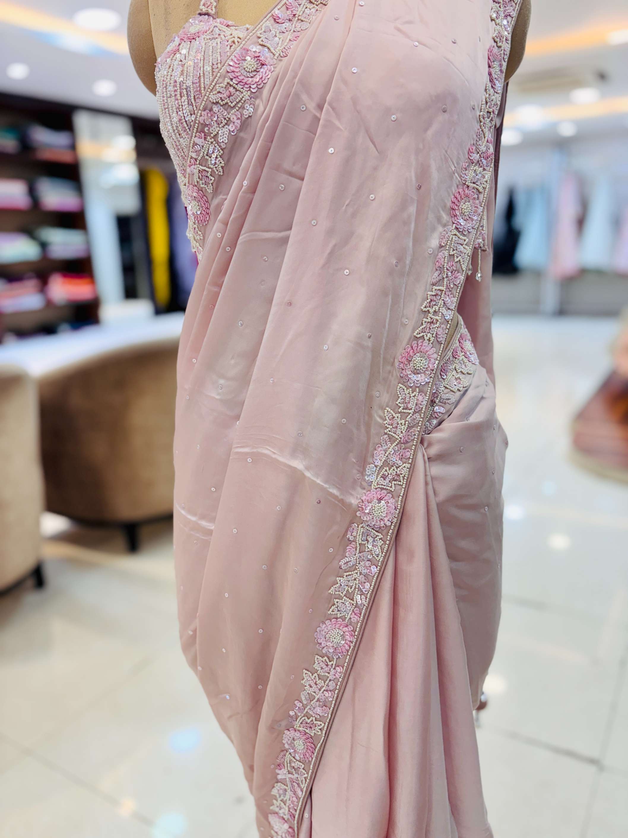 Light Pink Silk Saree WIth Heavy Readymade Blouse