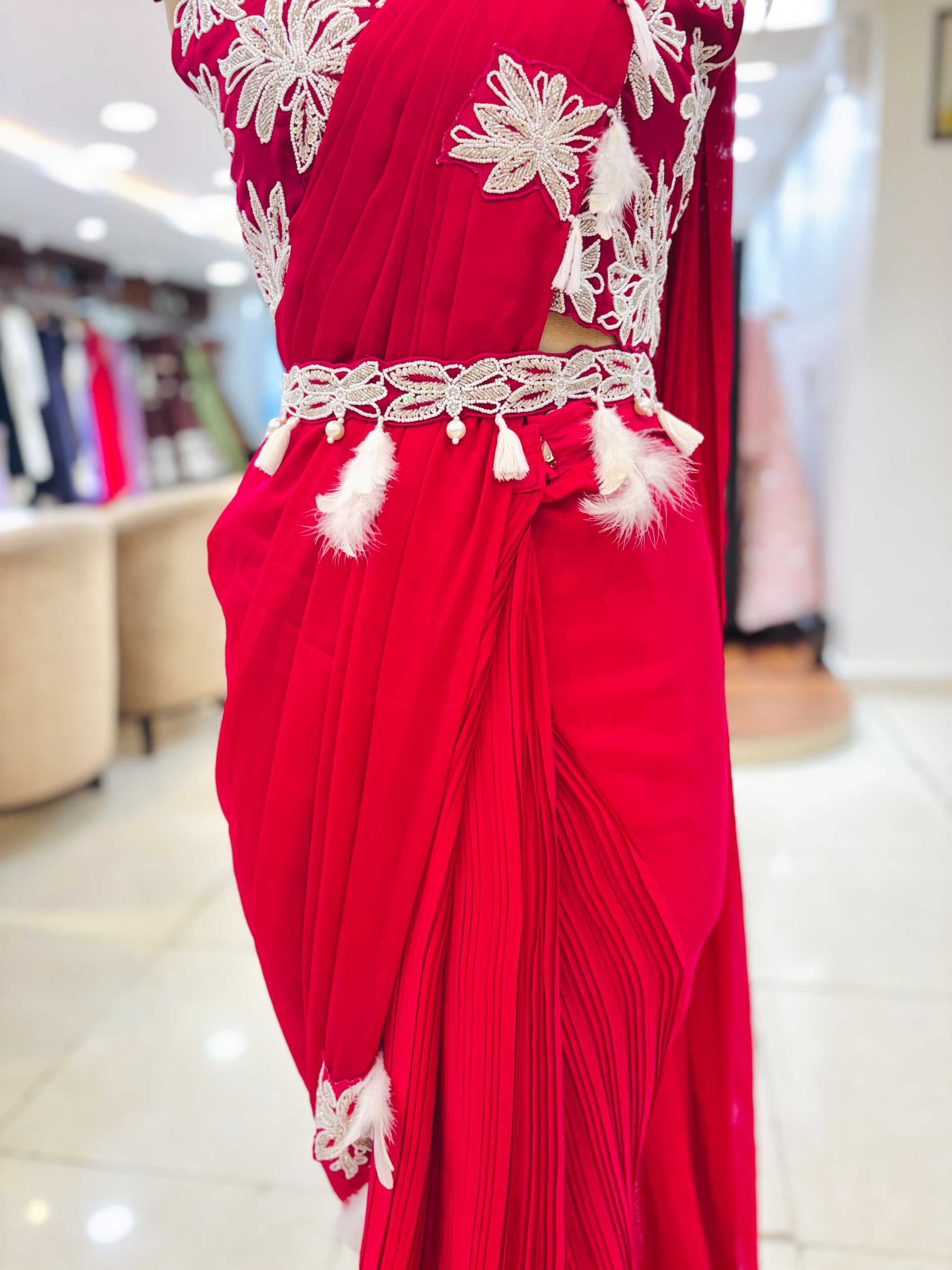 Dark Red Georgette Pre Drape Saree