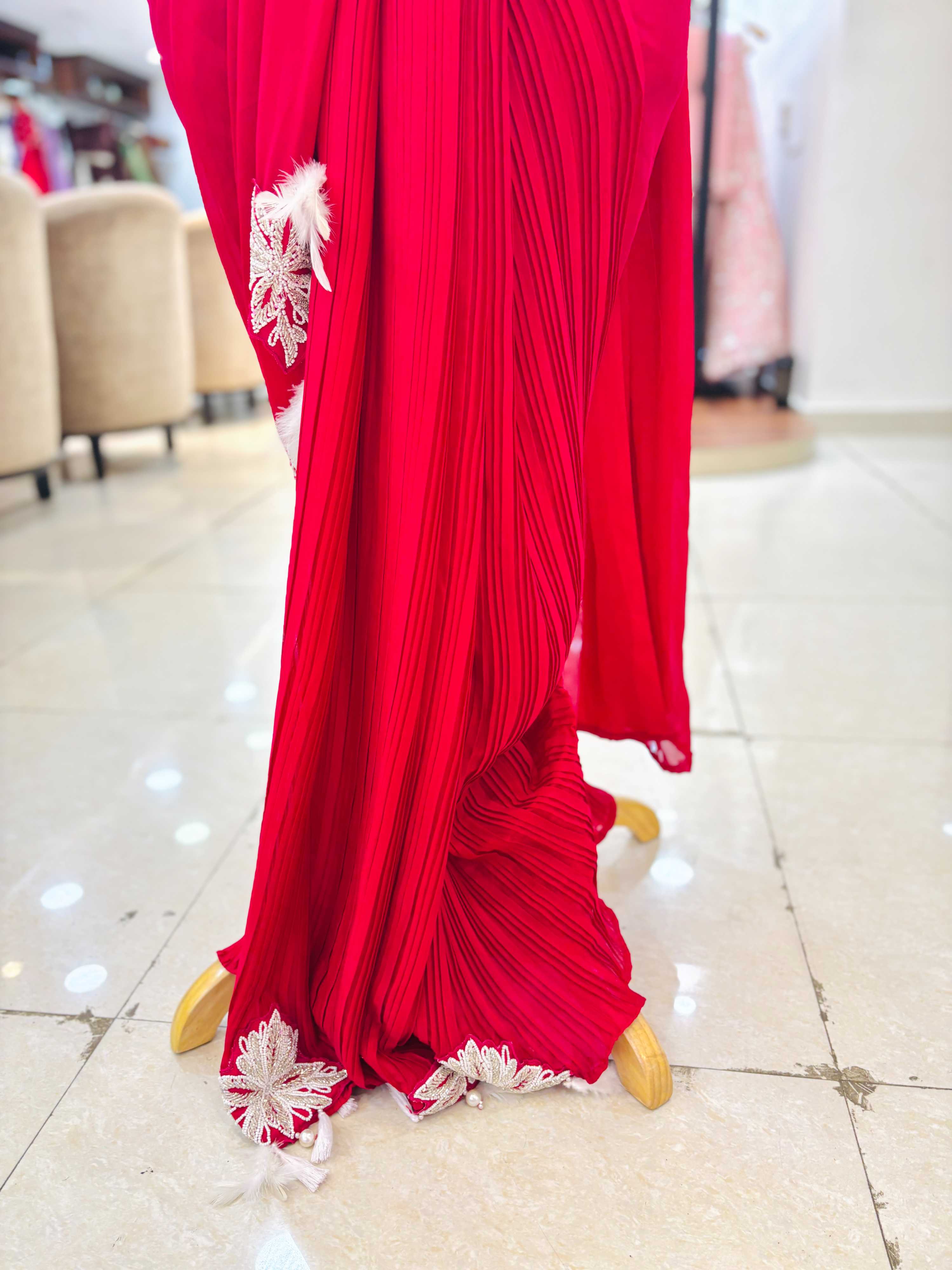 Dark Red Georgette Pre Drape Saree