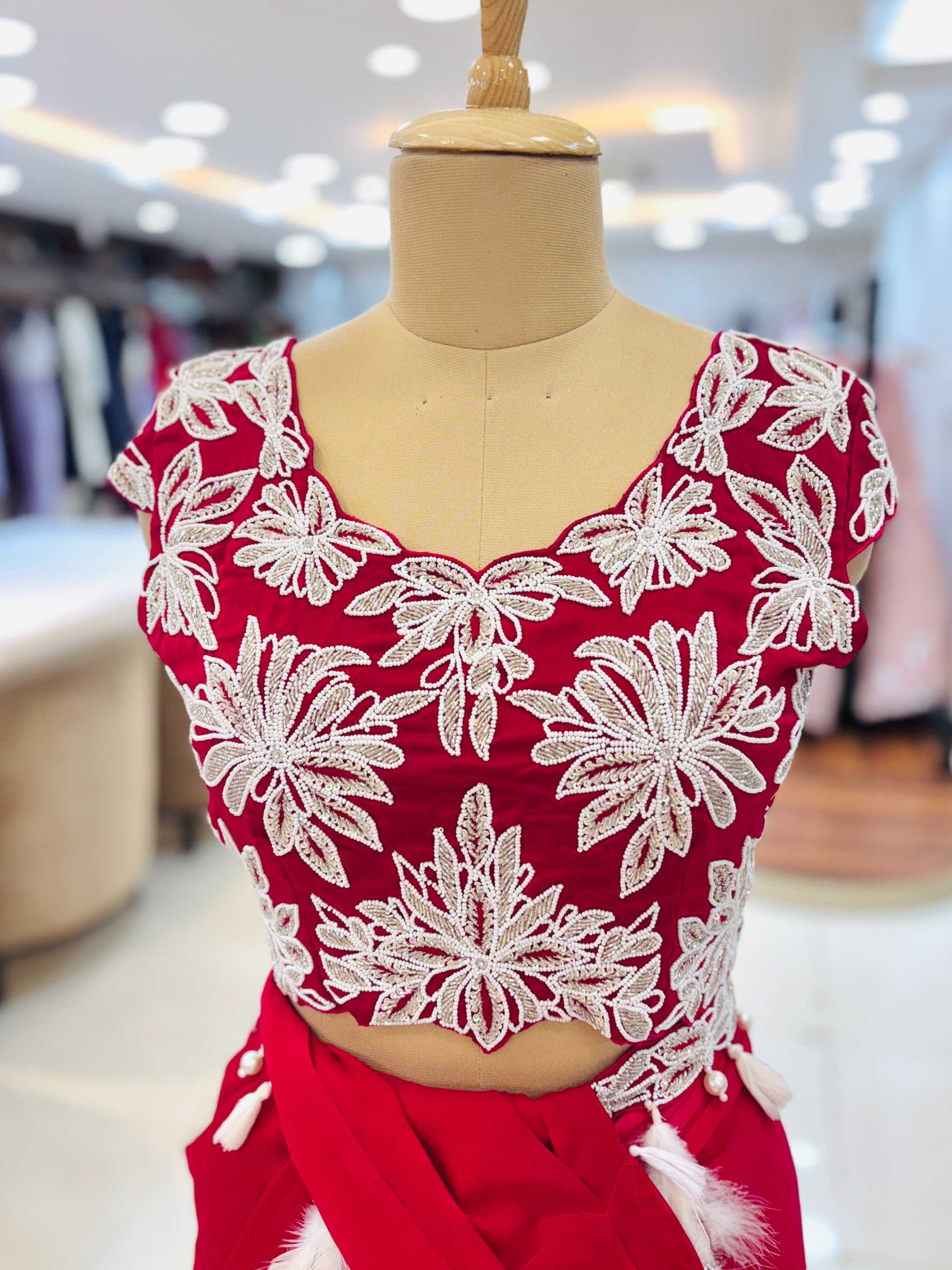 Dark Red Georgette Pre Drape Saree