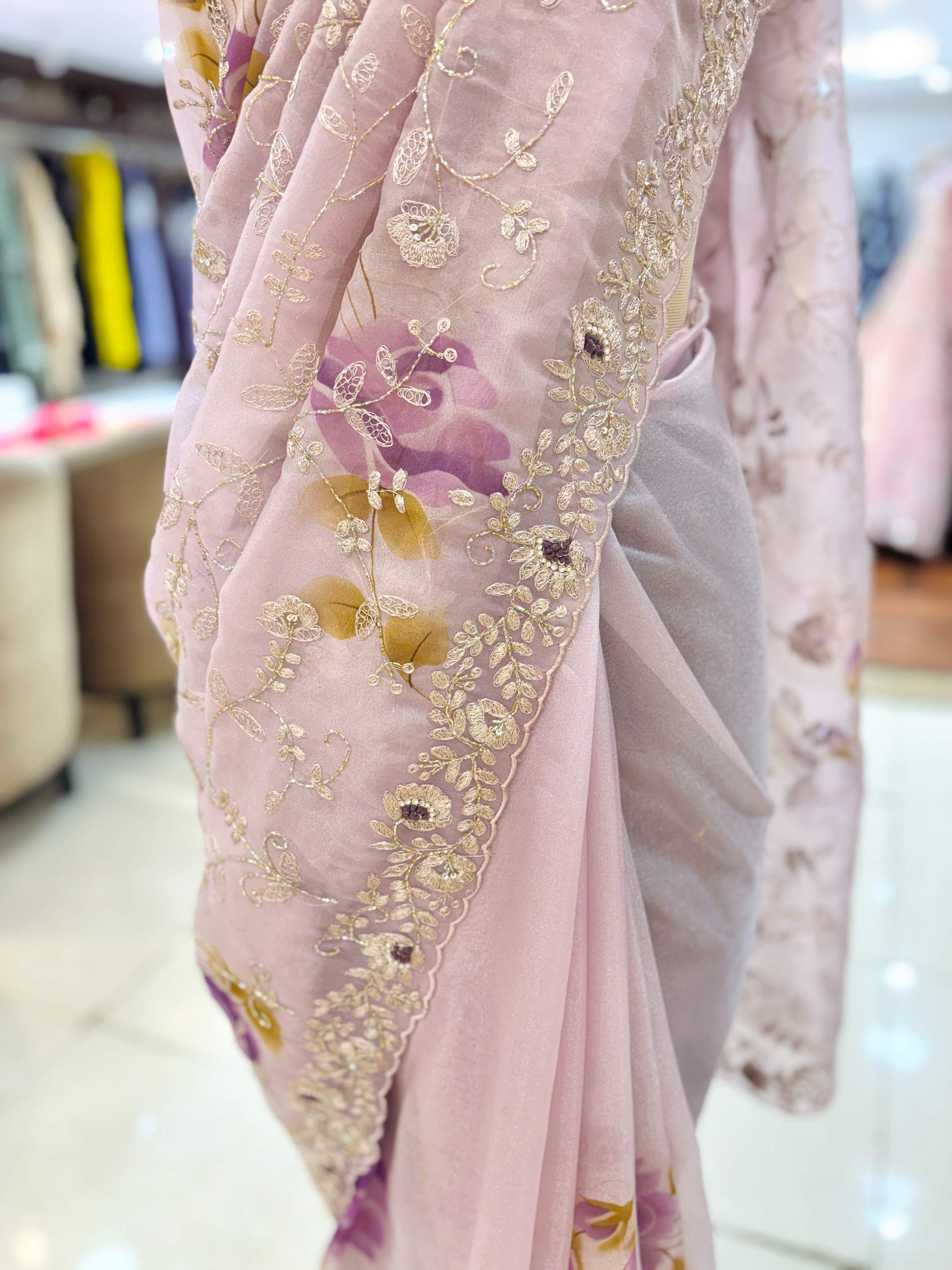 Light Pink Digital Print Tissue Hand Work Saree