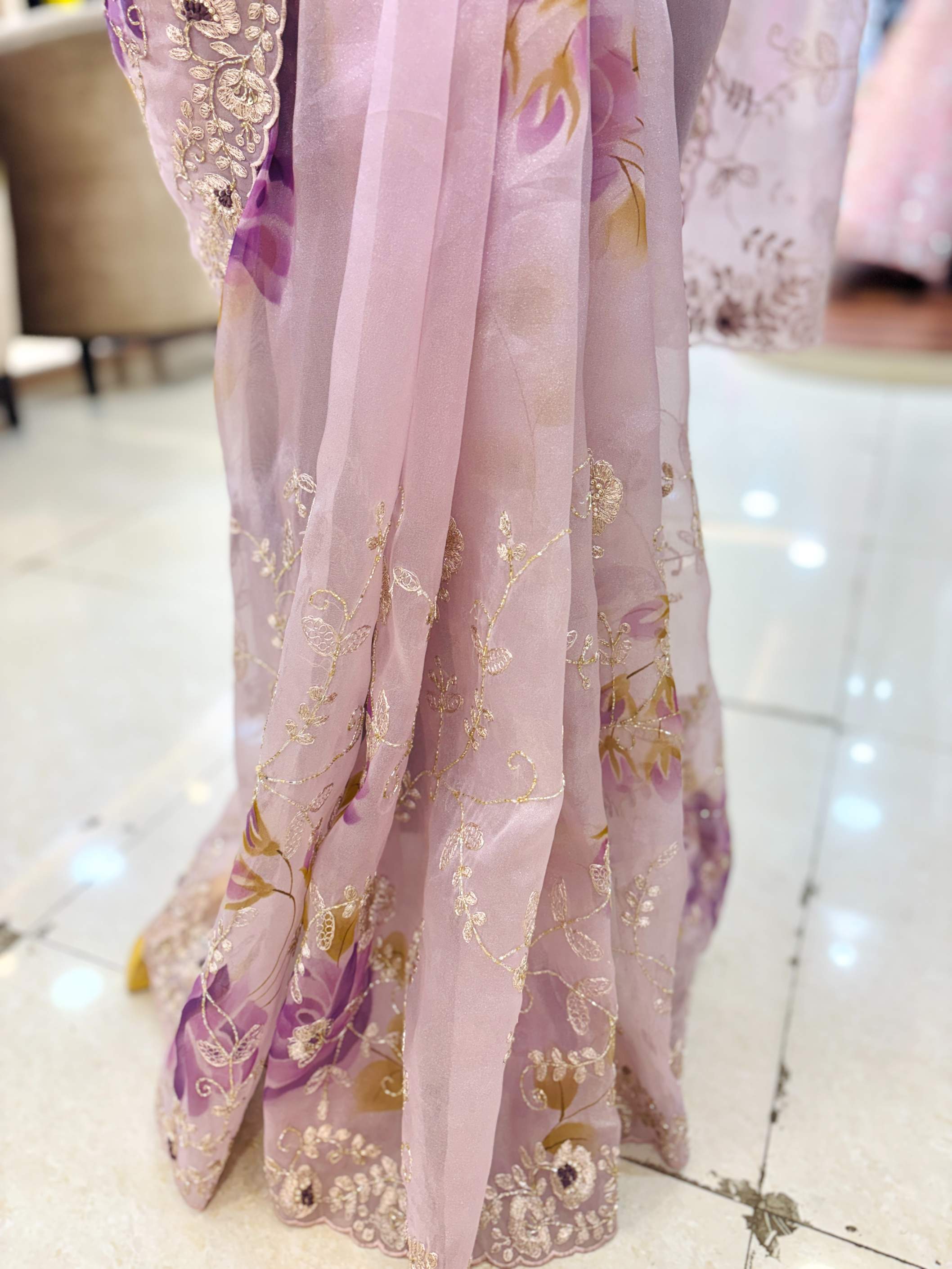 Light Pink Digital Print Tissue Hand Work Saree