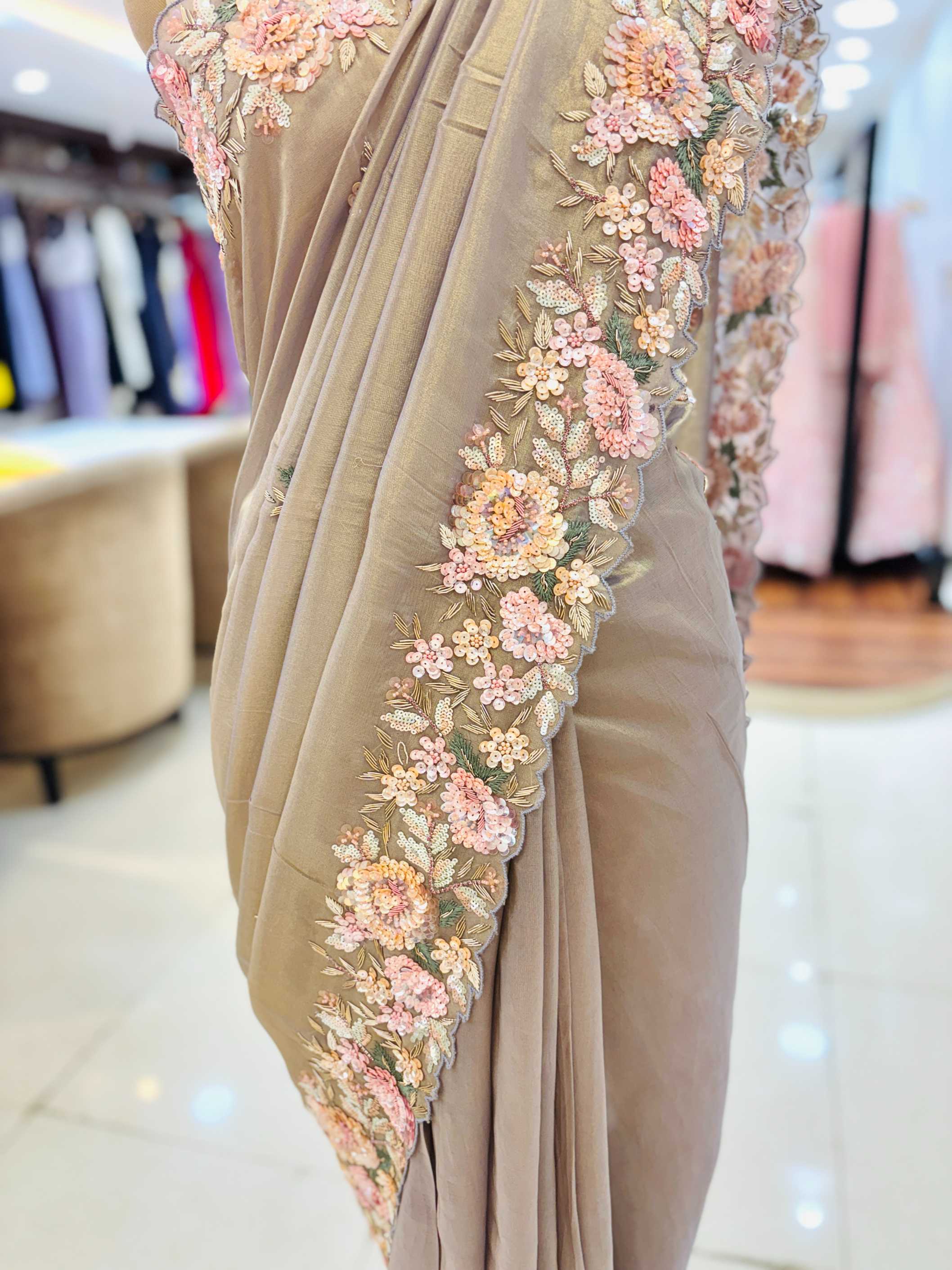 Copper Soft Silk 3D Hand Embroidered Saree