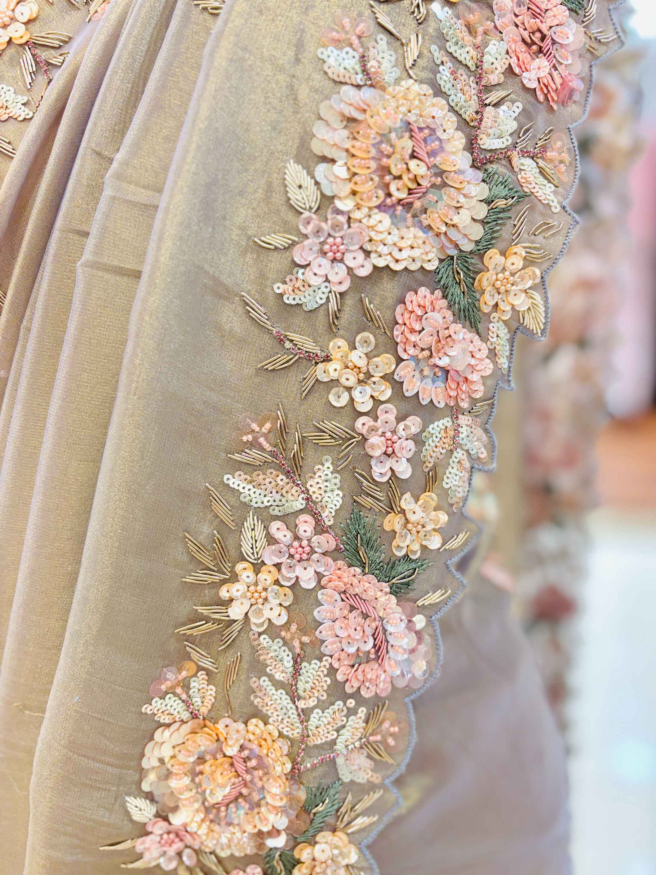 Copper Soft Silk 3D Hand Embroidered Saree