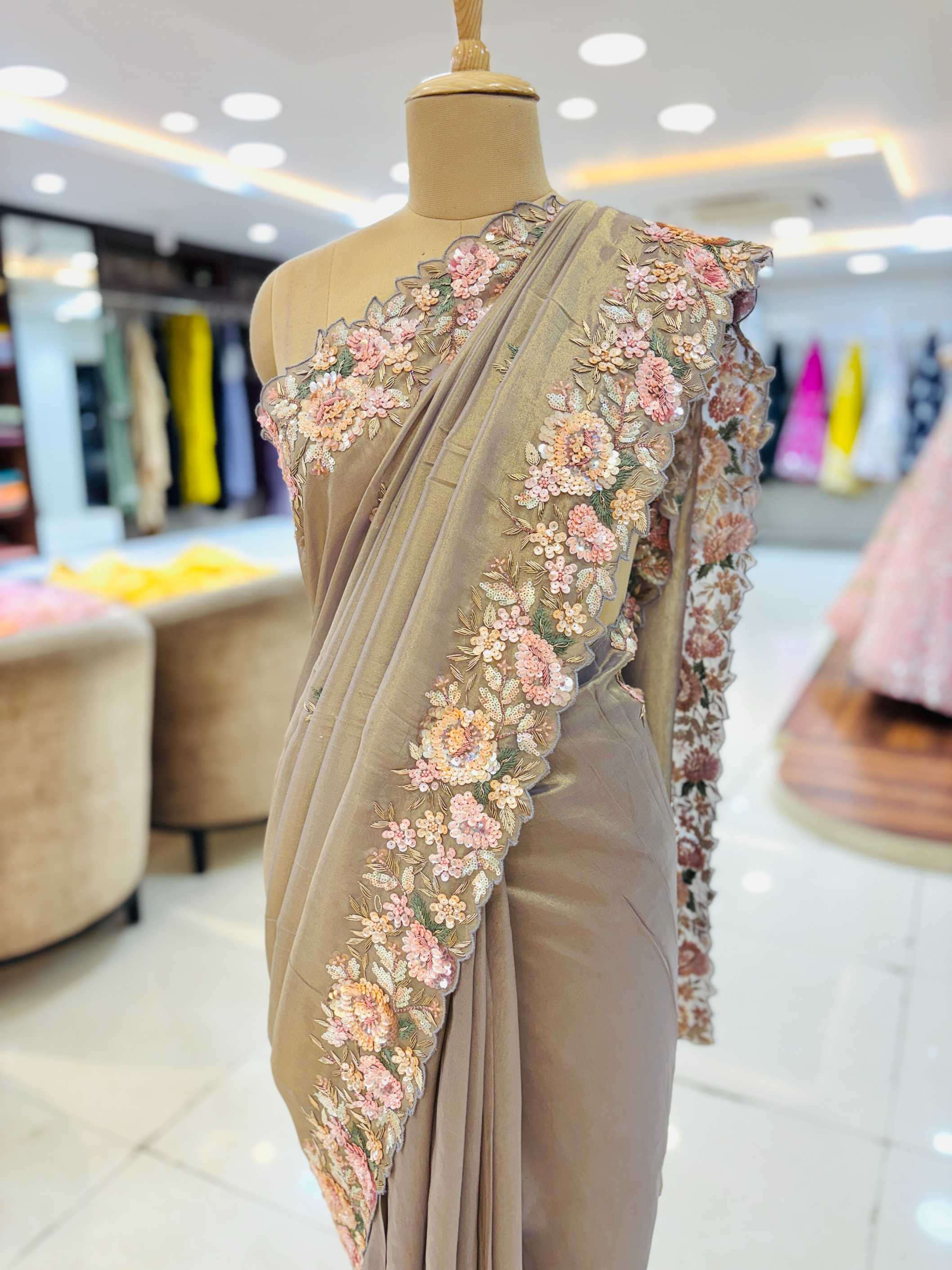 Copper Soft Silk 3D Hand Embroidered Saree