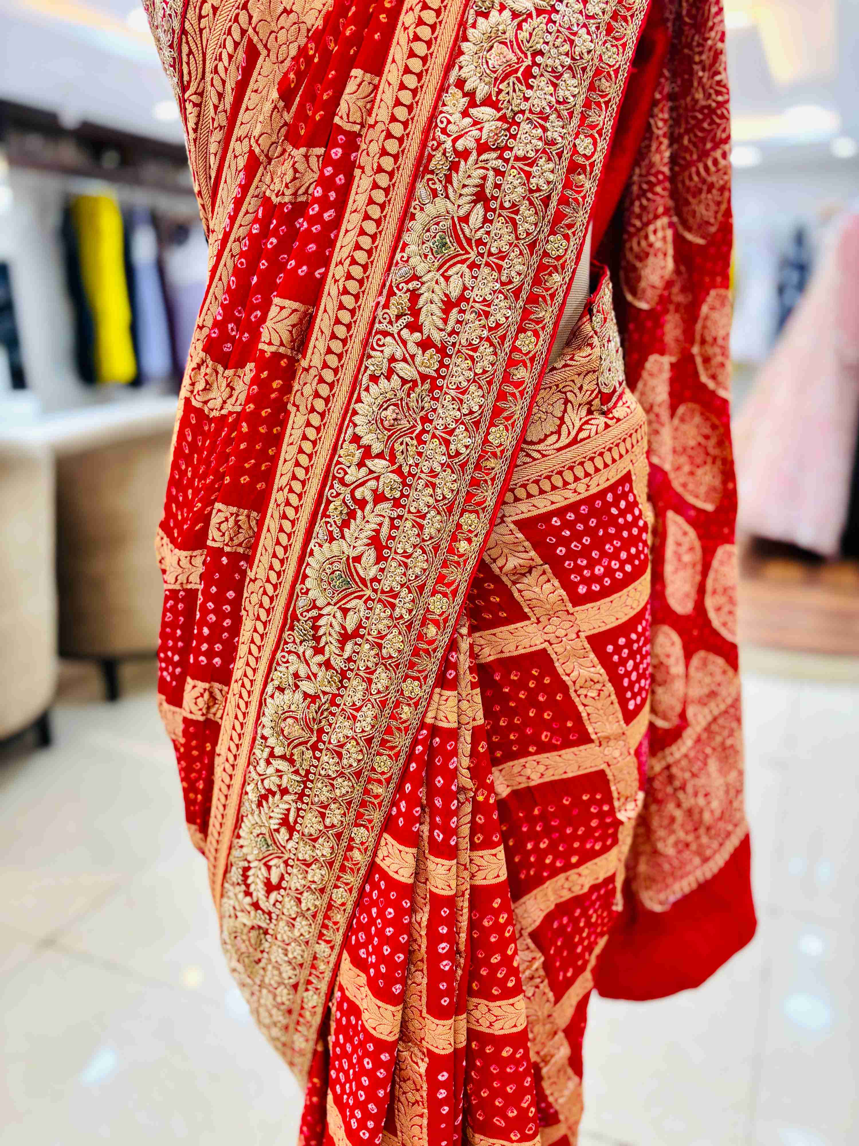 Red Pure Georgette Banarasi Bandhej Saree