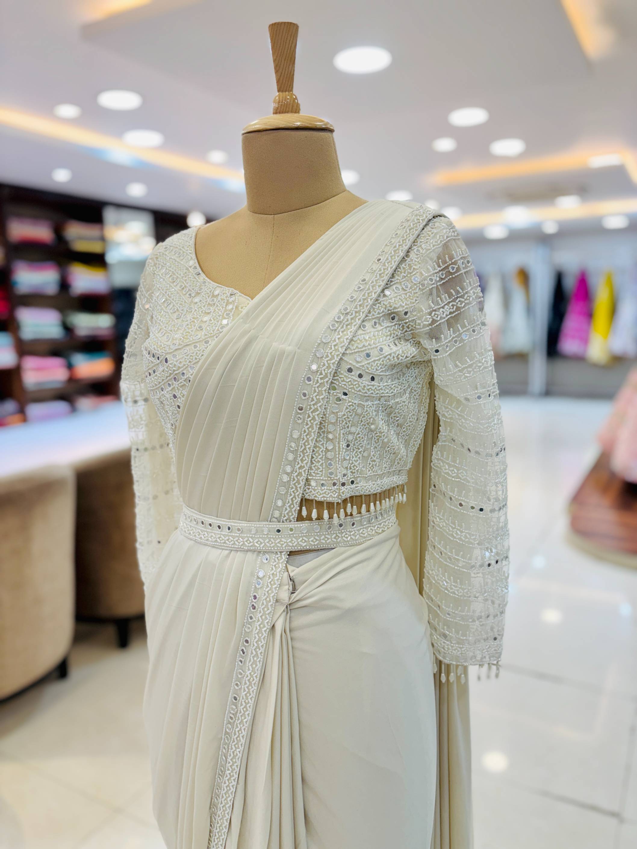 White Embellished Pre Drape Saree With Blouse And Belt