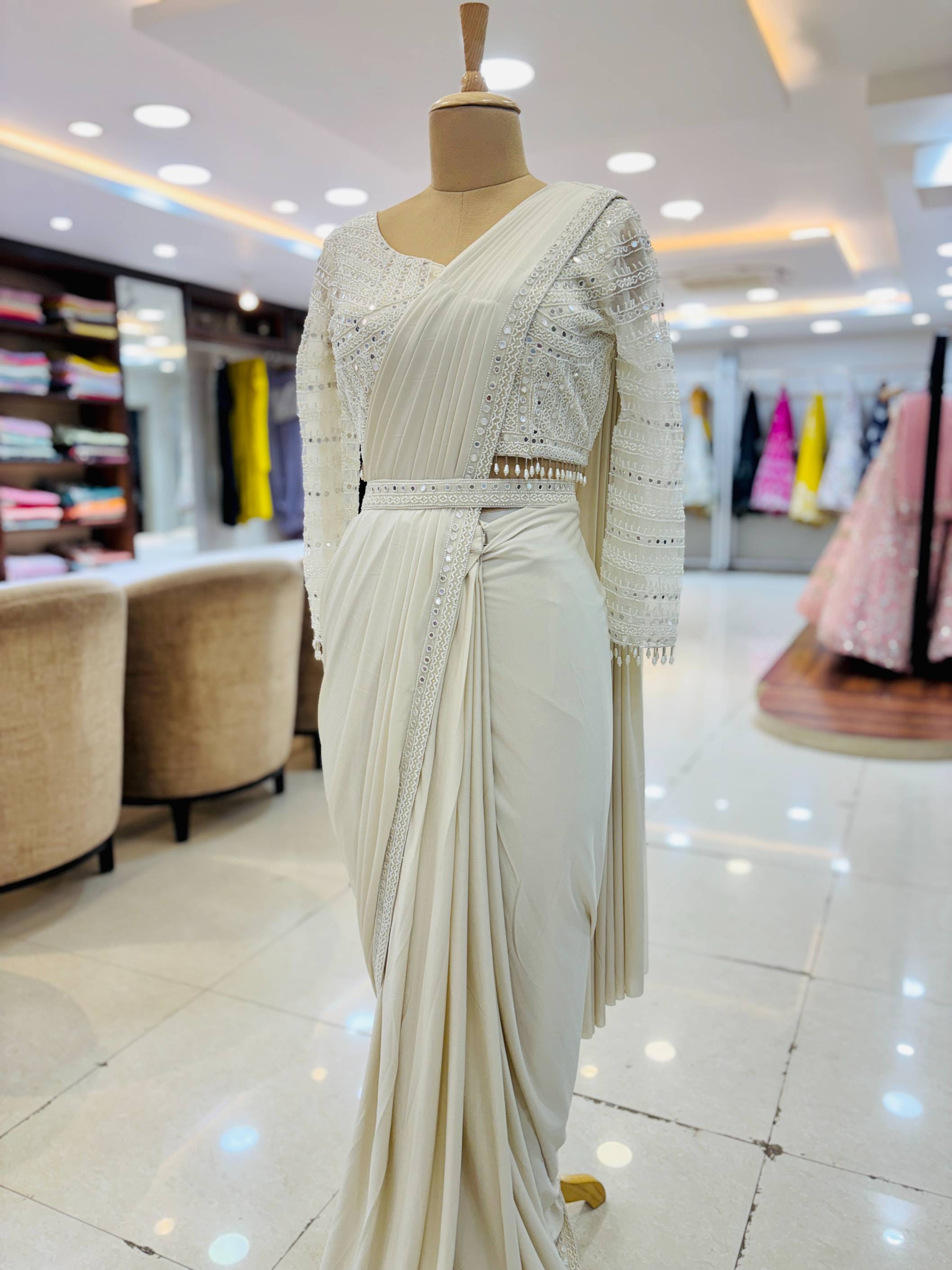 White Embellished Pre Drape Saree With Blouse And Belt