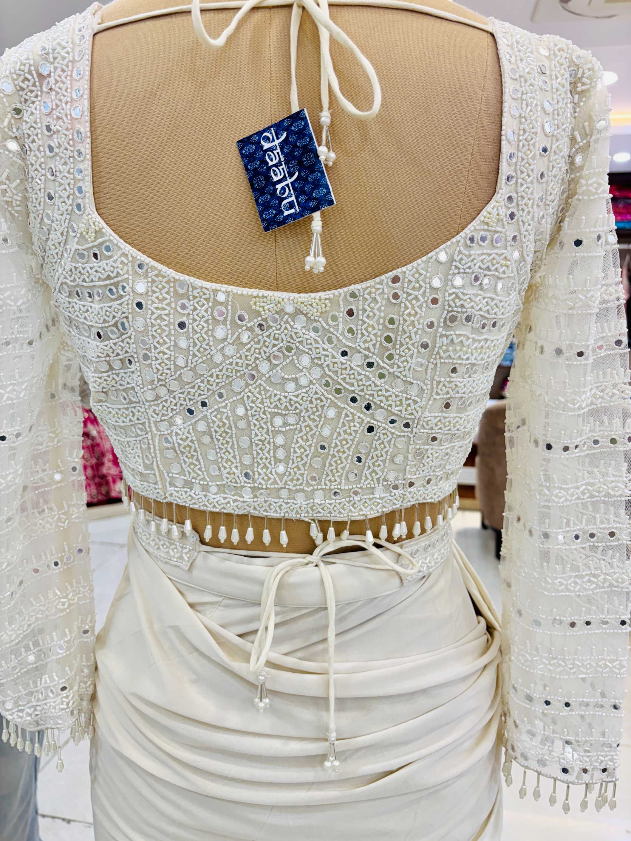 White Embellished Pre Drape Saree With Blouse And Belt