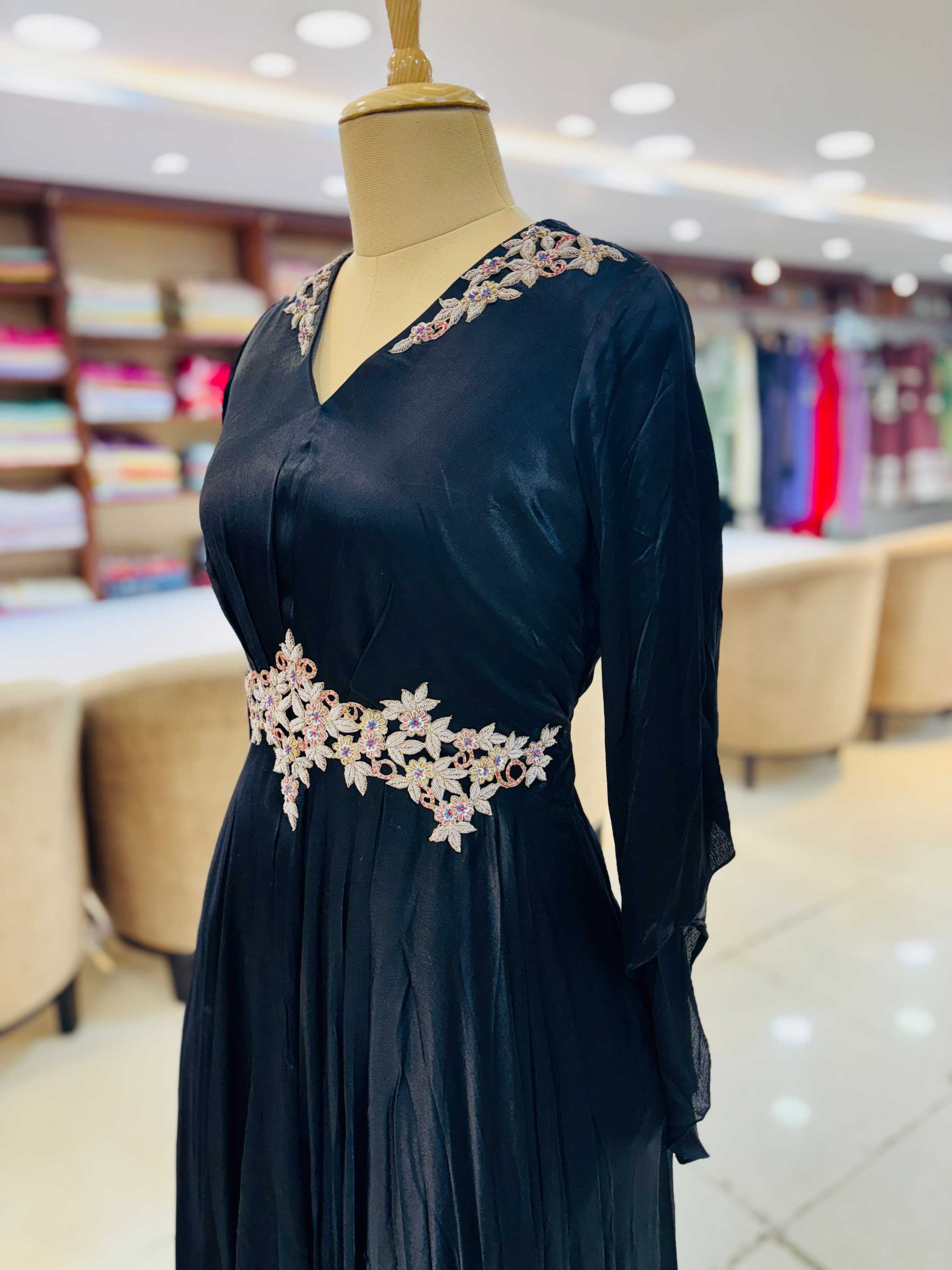 Black Hand Embellished Chiffon Silk Gown