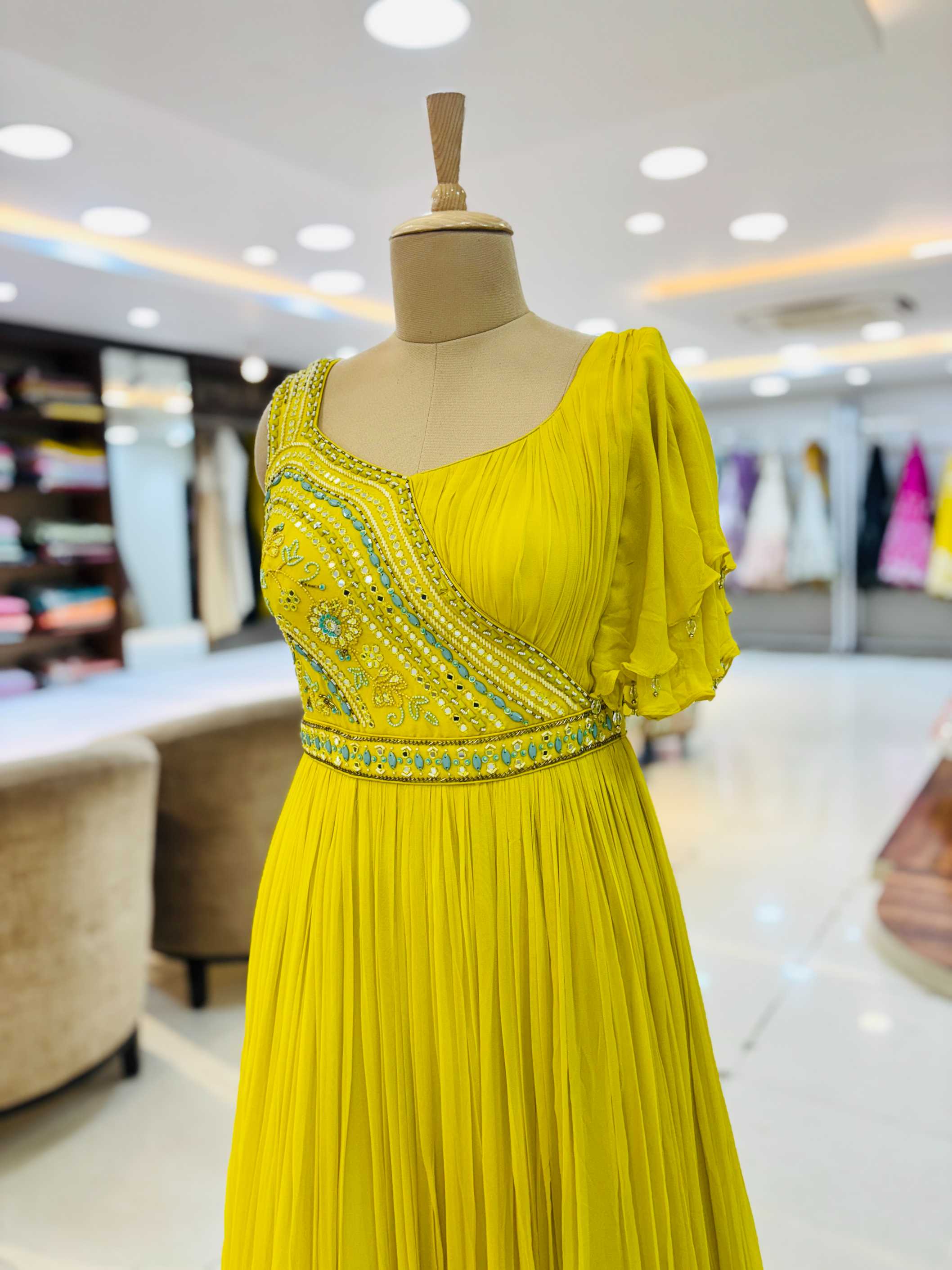 Yellow Georgette Embellished Designer Gown
