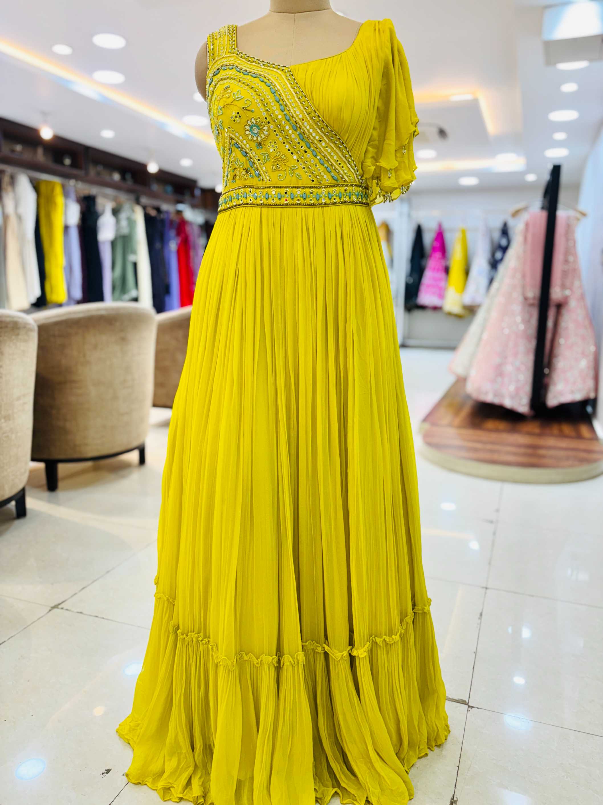 Yellow Georgette Embellished Designer Gown