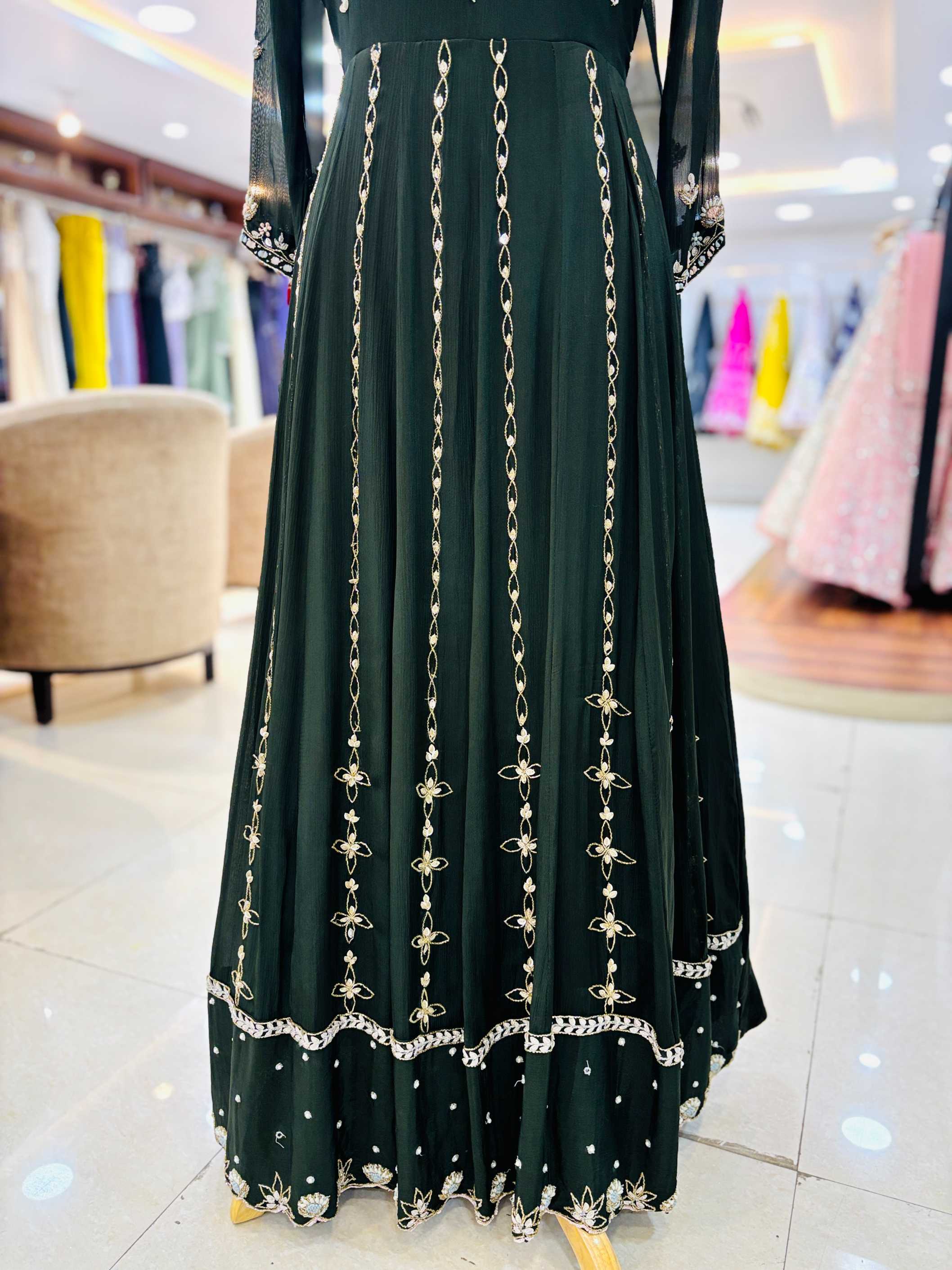 Dark Green Floral Cutdana Sequin Embellished Anarkali Kurta Set With Dupatta