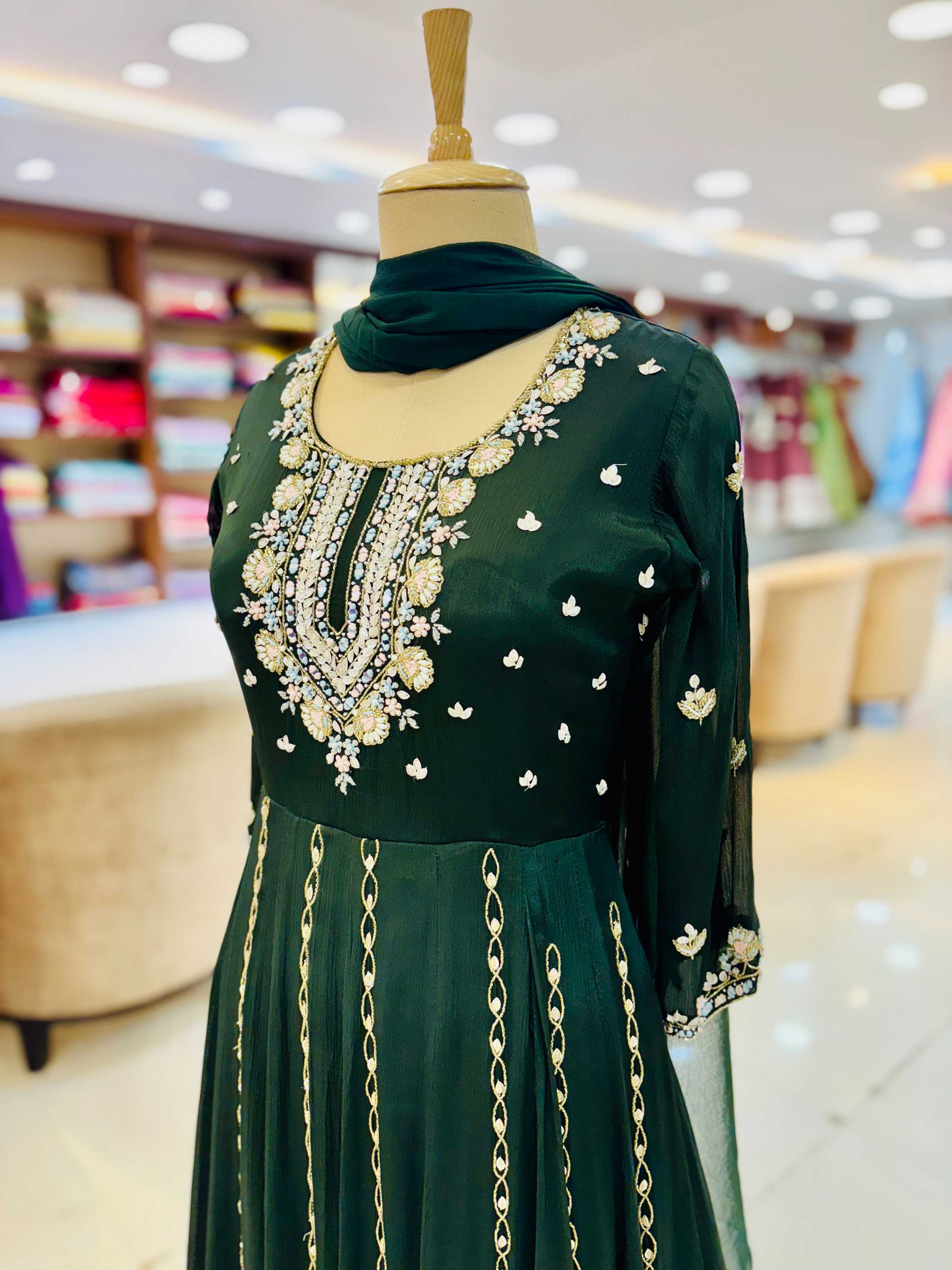 Dark Green Floral Cutdana Sequin Embellished Anarkali Kurta Set With Dupatta