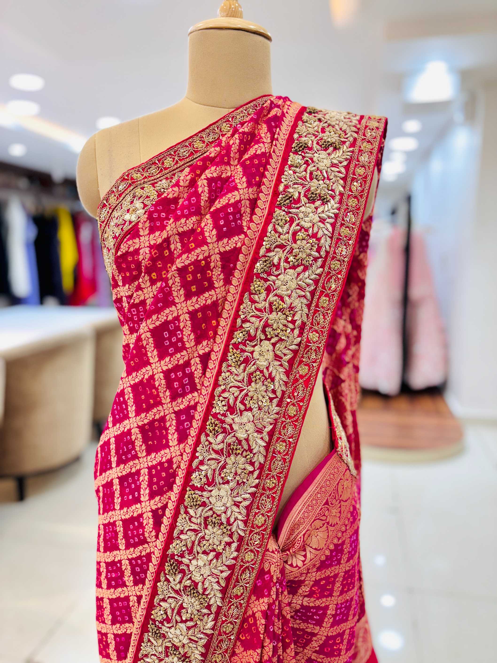 Pink Georgette Zardozi Bandhej Saree