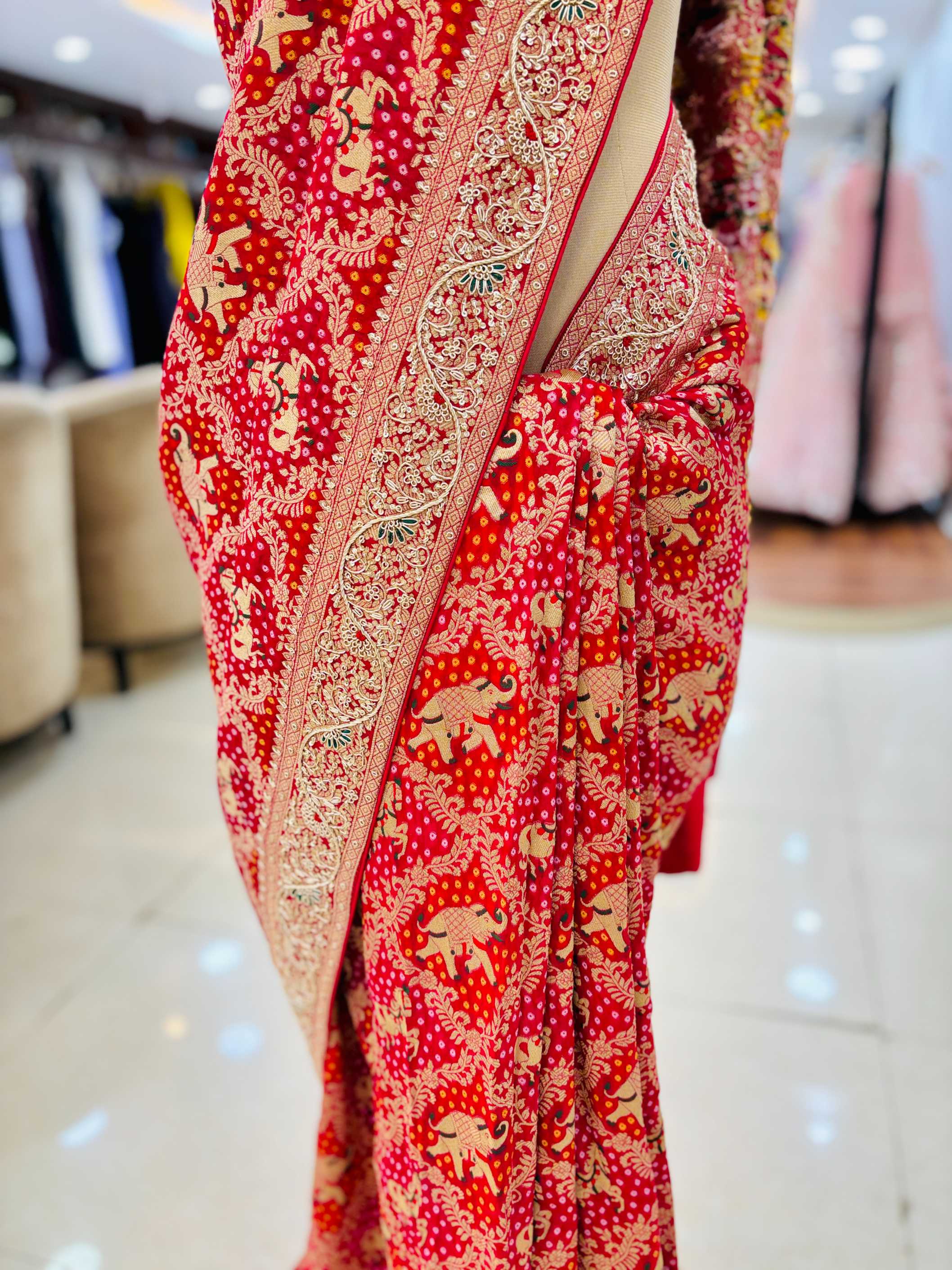 Red Georgette Bandhani Bandhej Saree