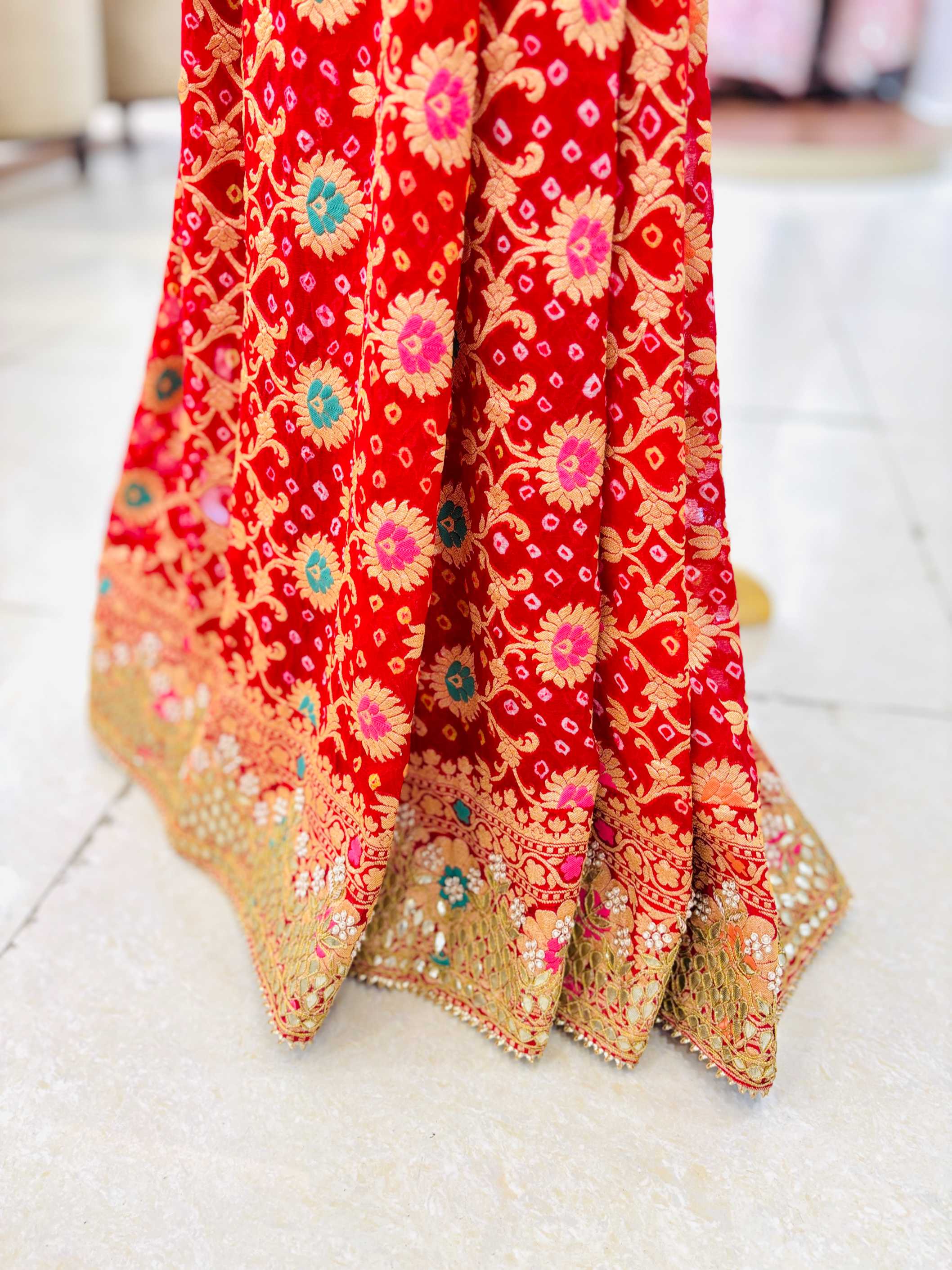 Red Georgette Gotta Patti Bandhej Saree - Bottom