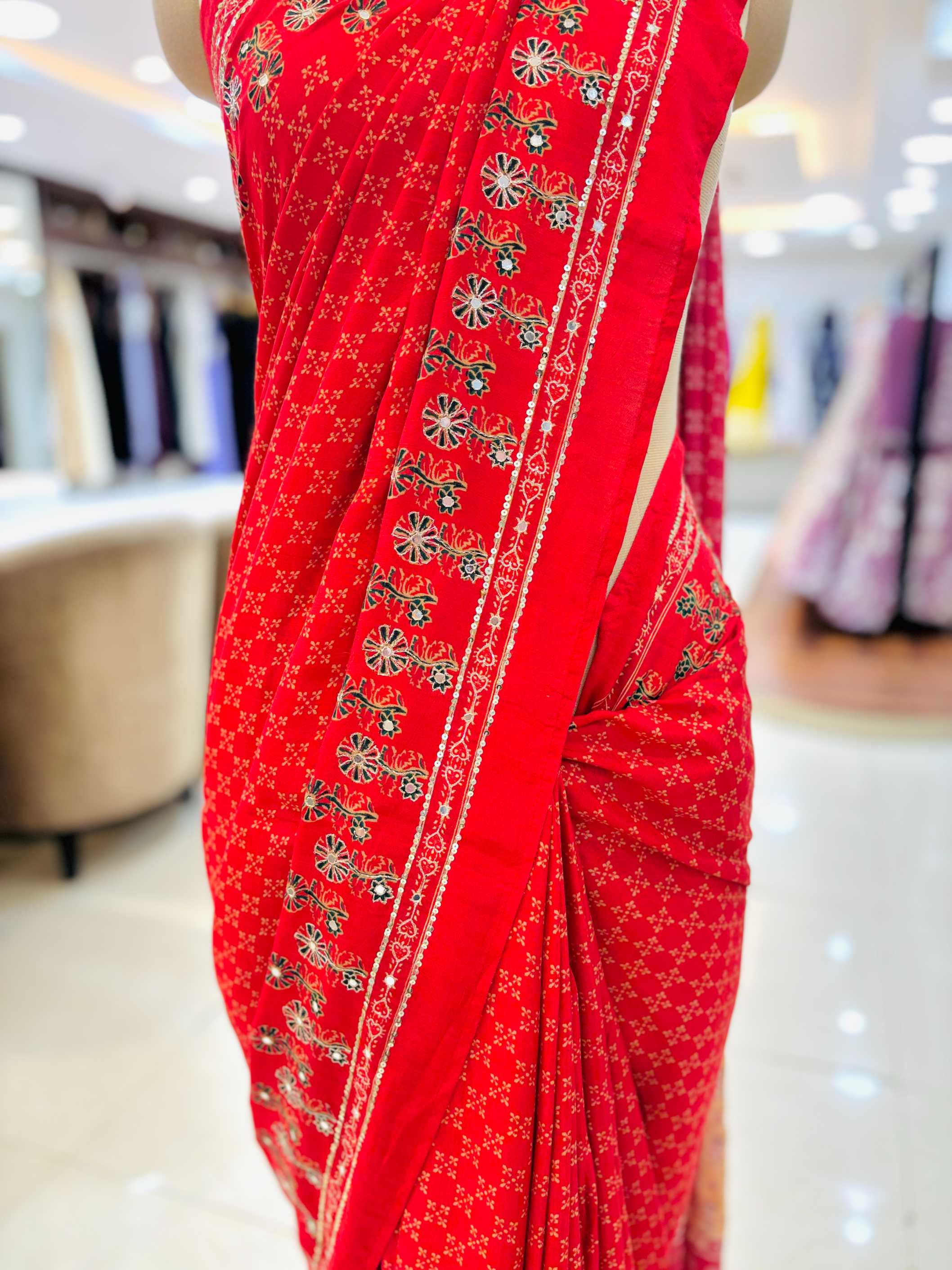 Dark Orange Ajrakh Print Muslin Silk Saree