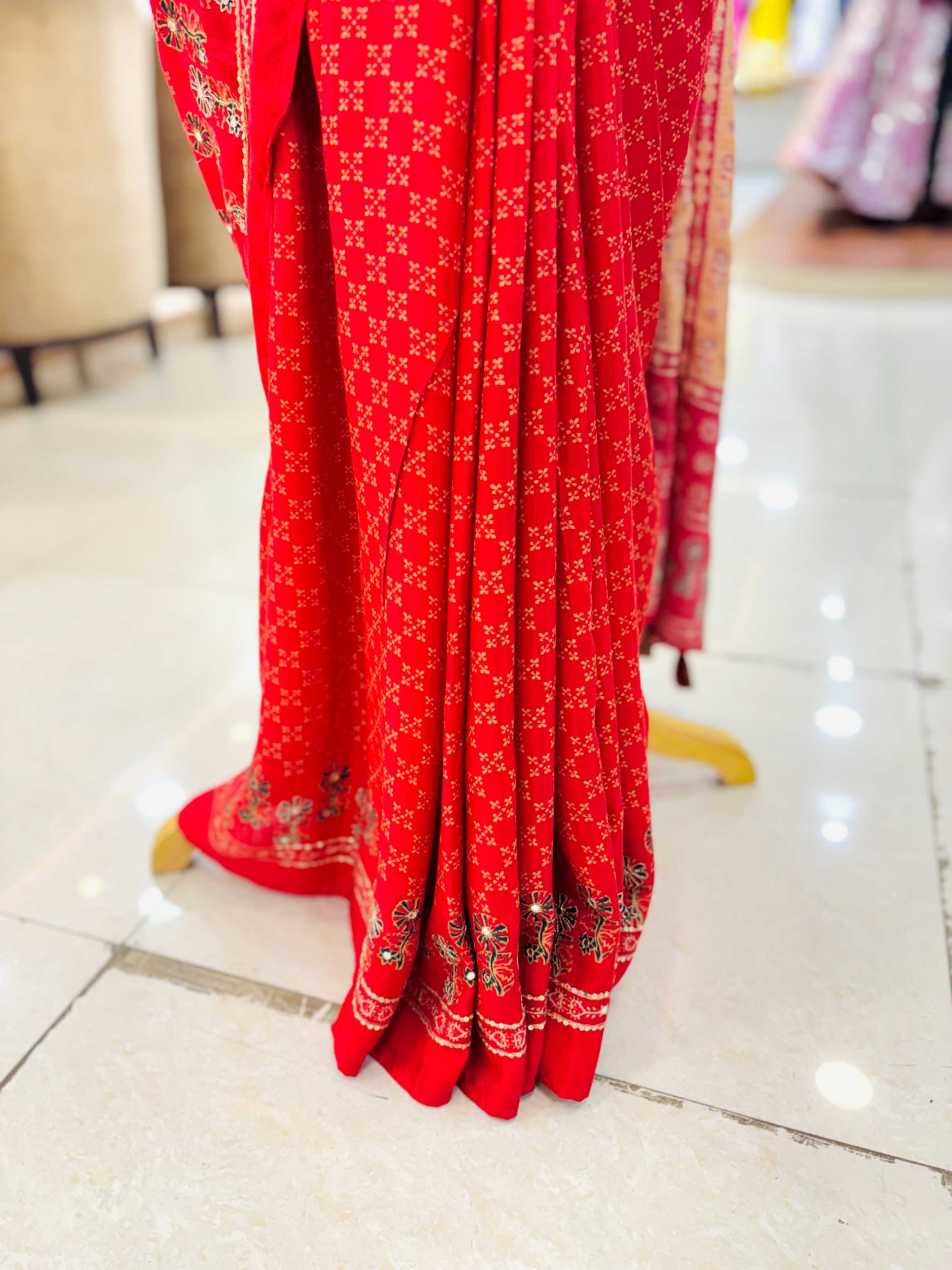 Dark Orange Ajrakh Print Muslin Silk Saree