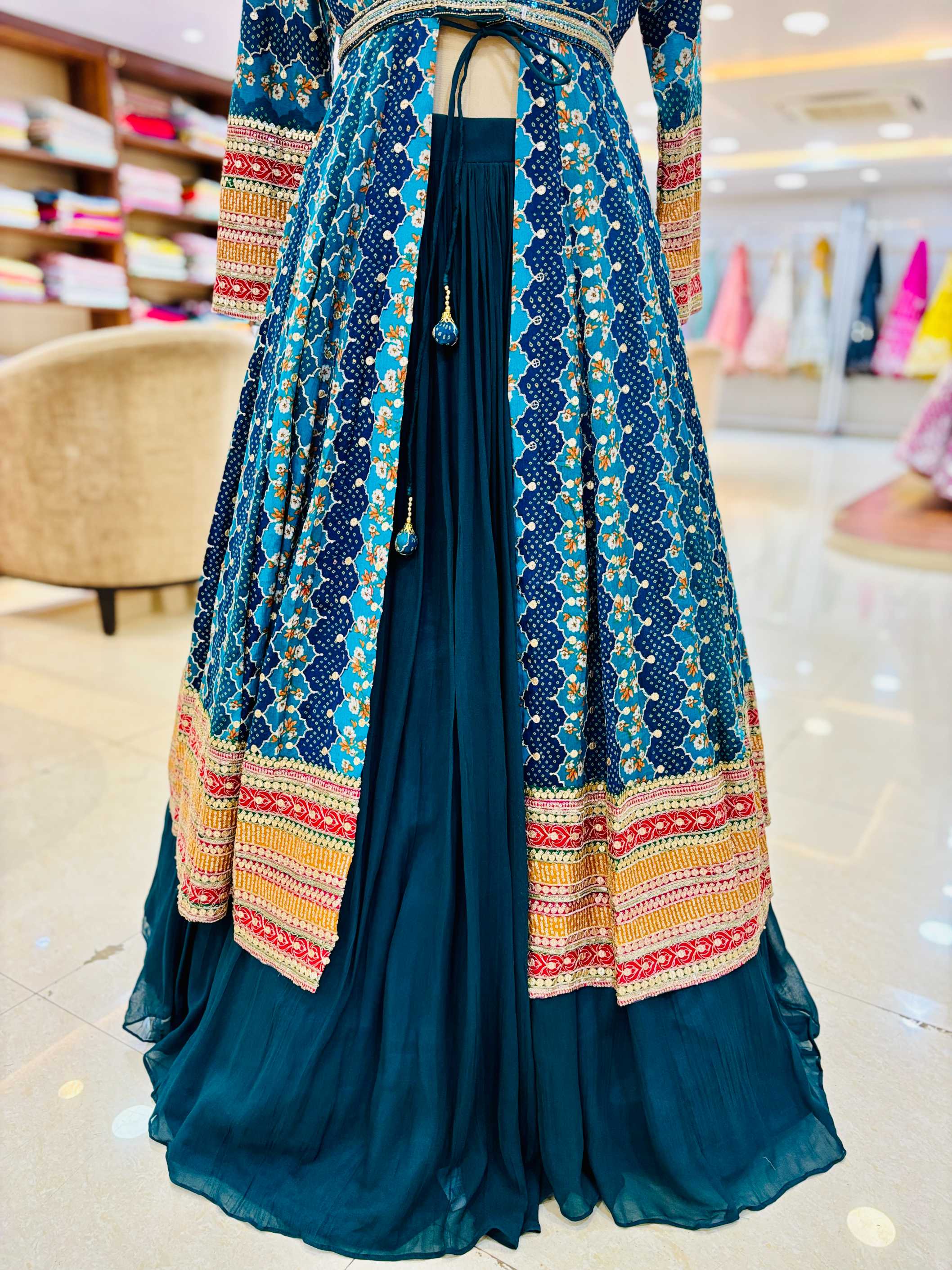 Blue Georgette Readymade Lehenga With Shrug