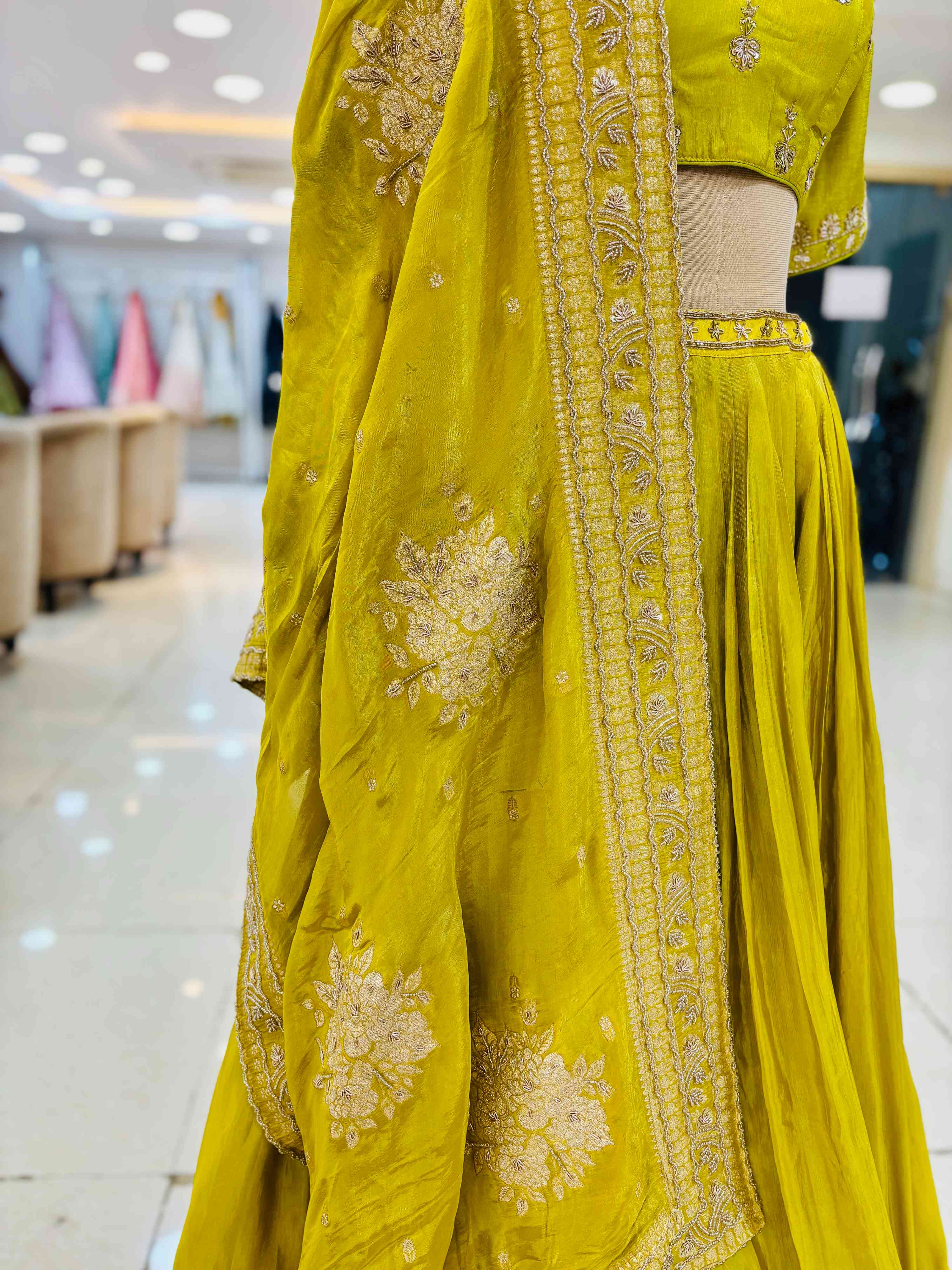 Mehendi Green Chinnon Lehenga - Dupatta View