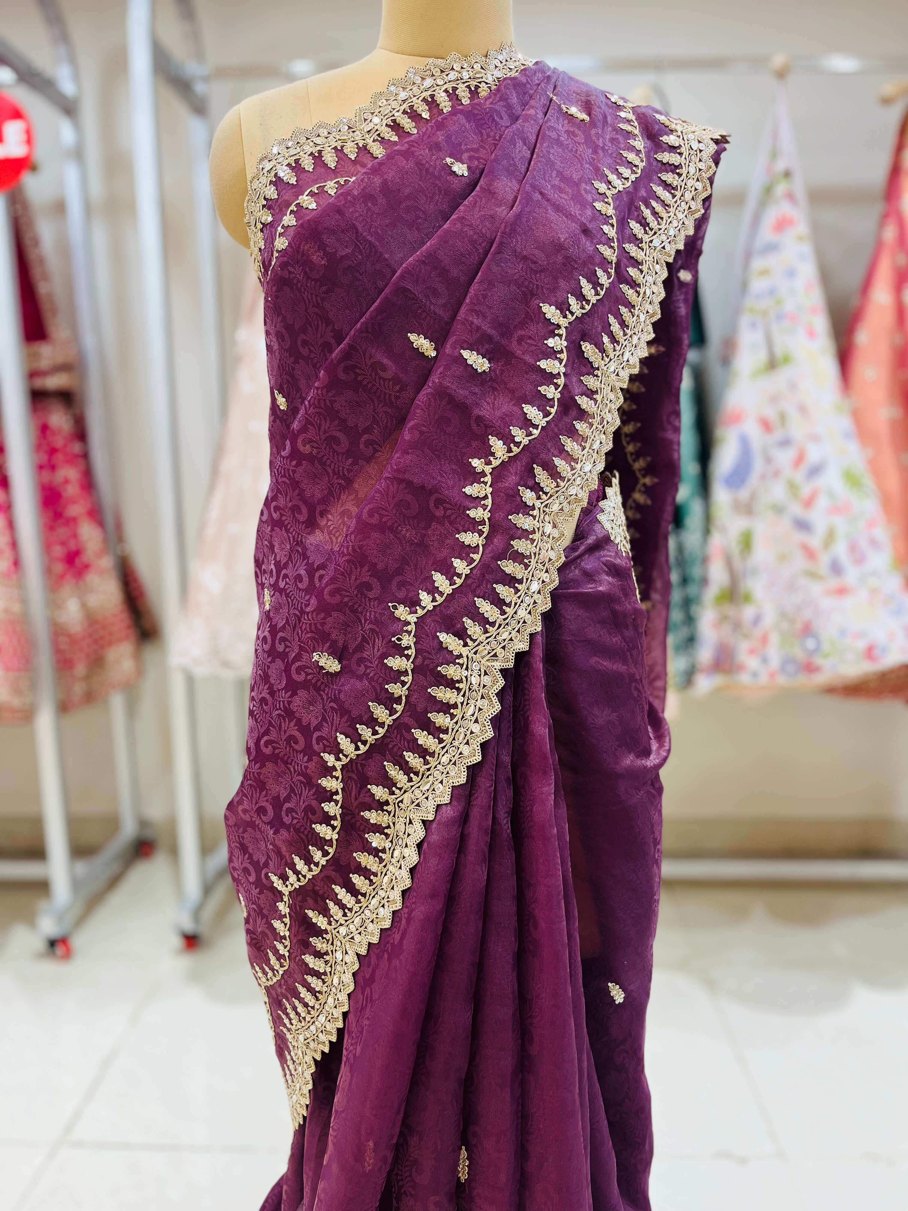 Wine Organza Designer Saree