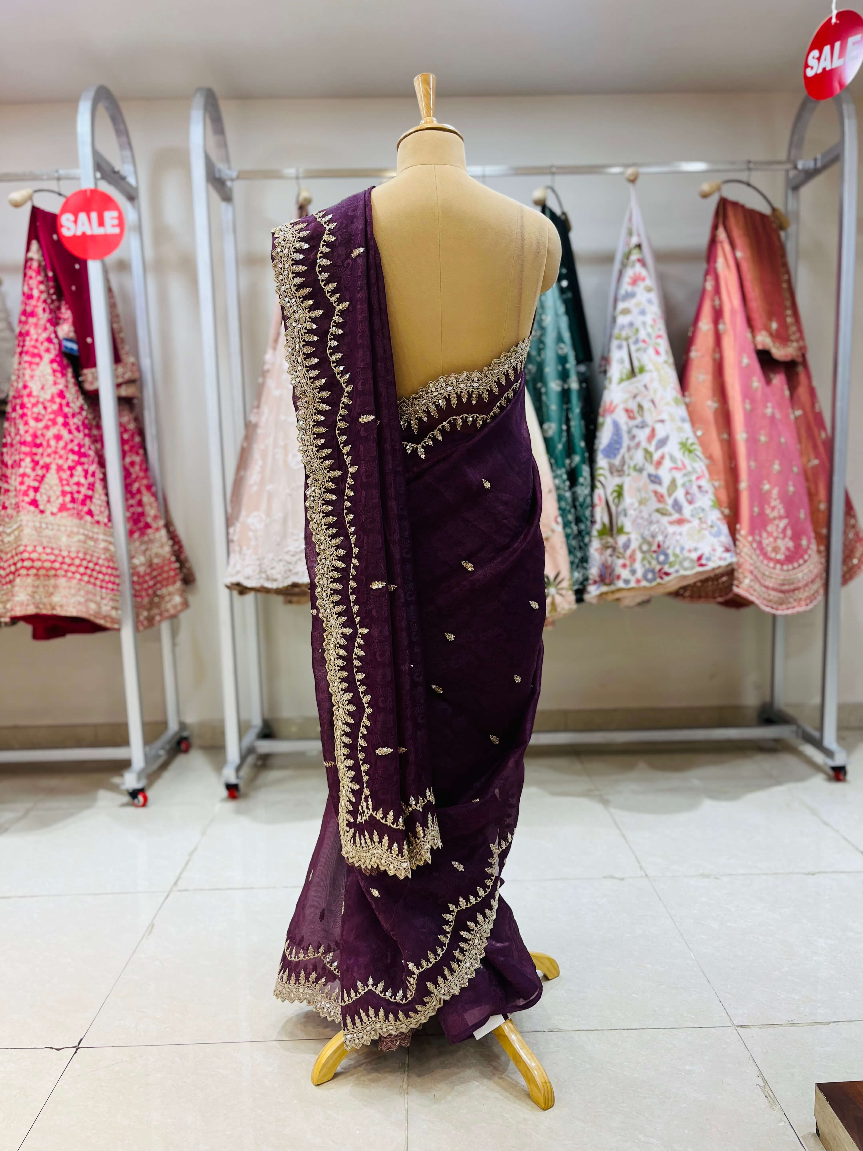 Wine Organza Designer Saree