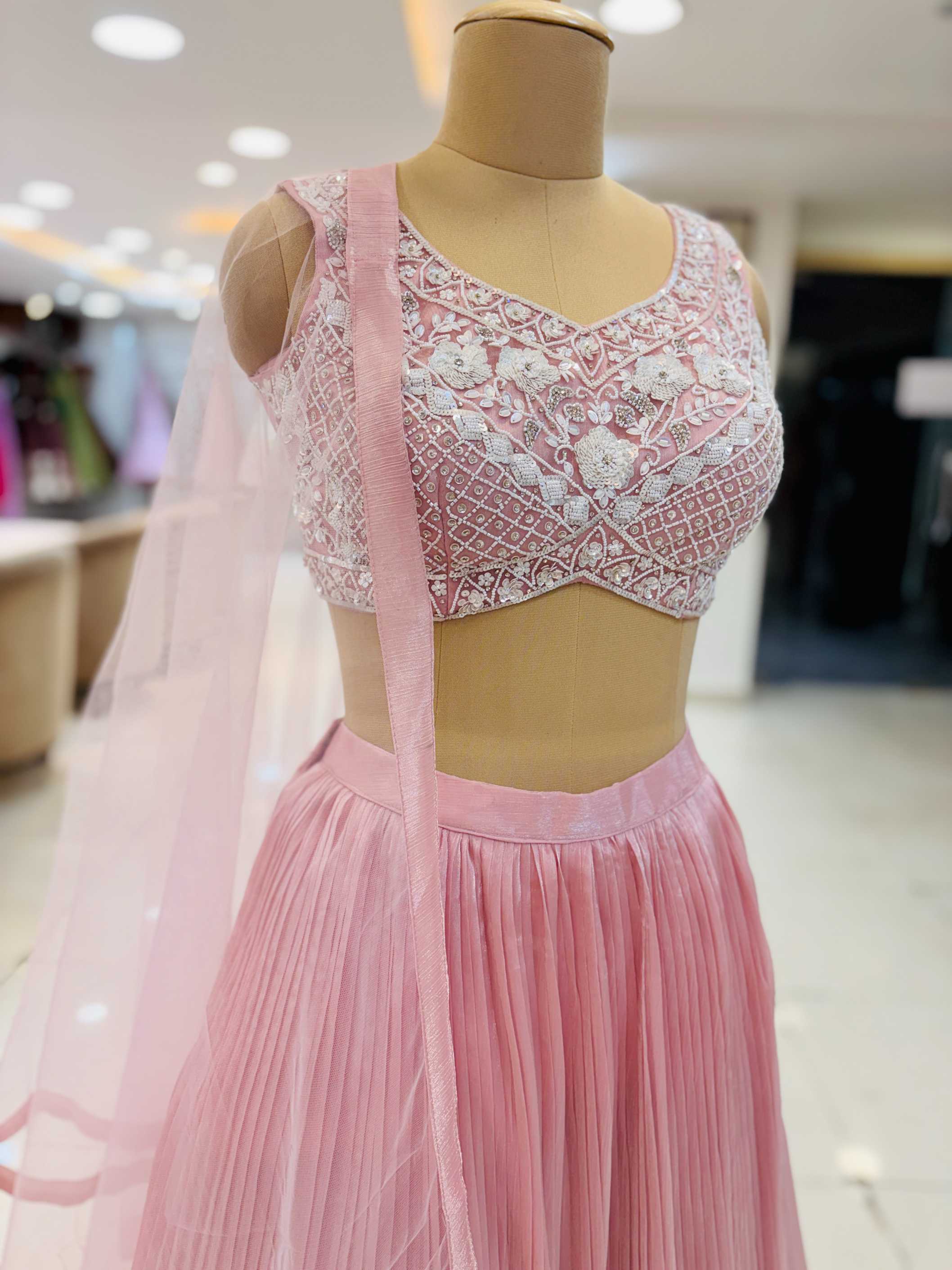 Pink Crushed Tissue Readymade Lehenga