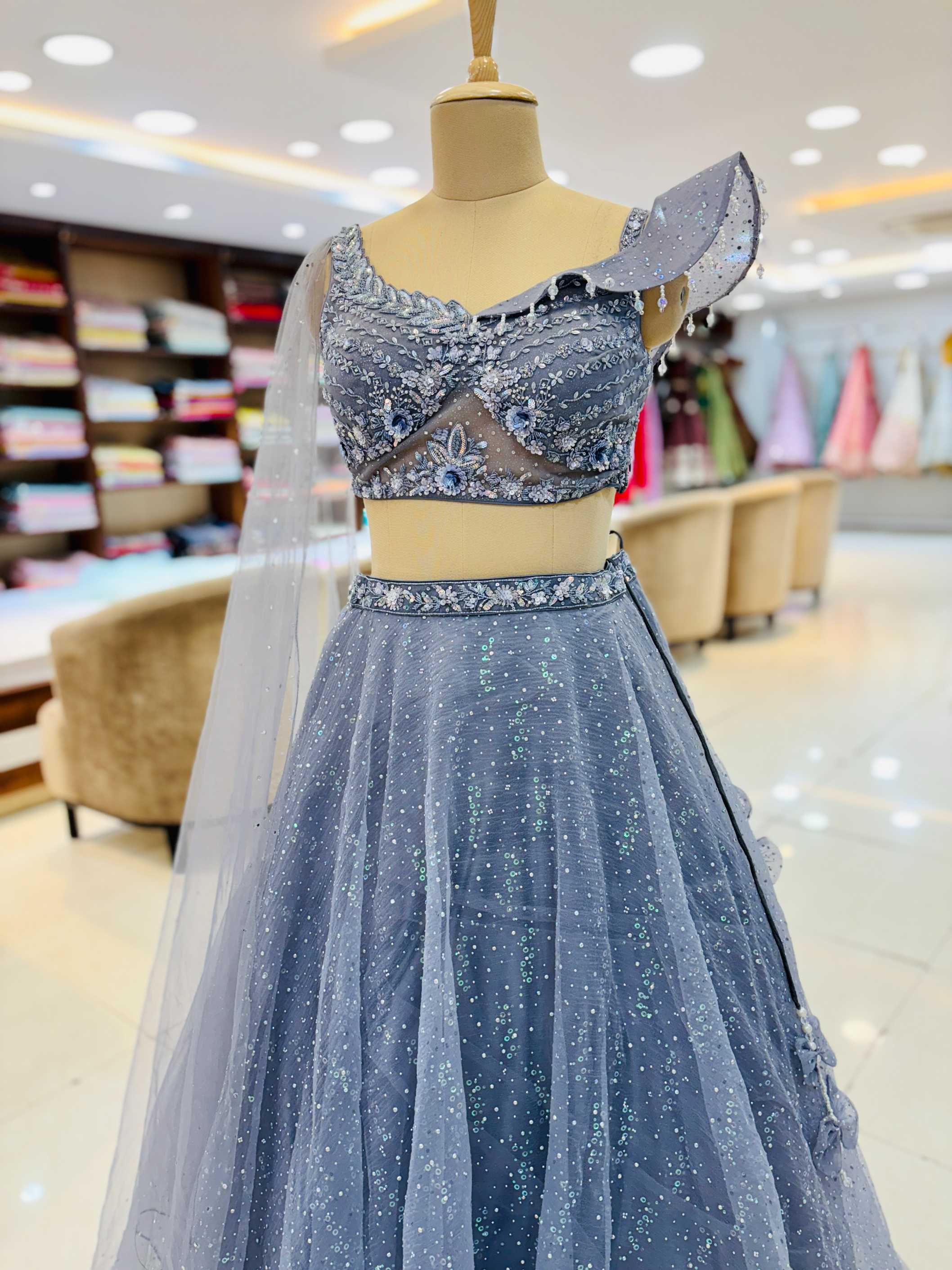 Grey Designer Net Readymade Lehenga