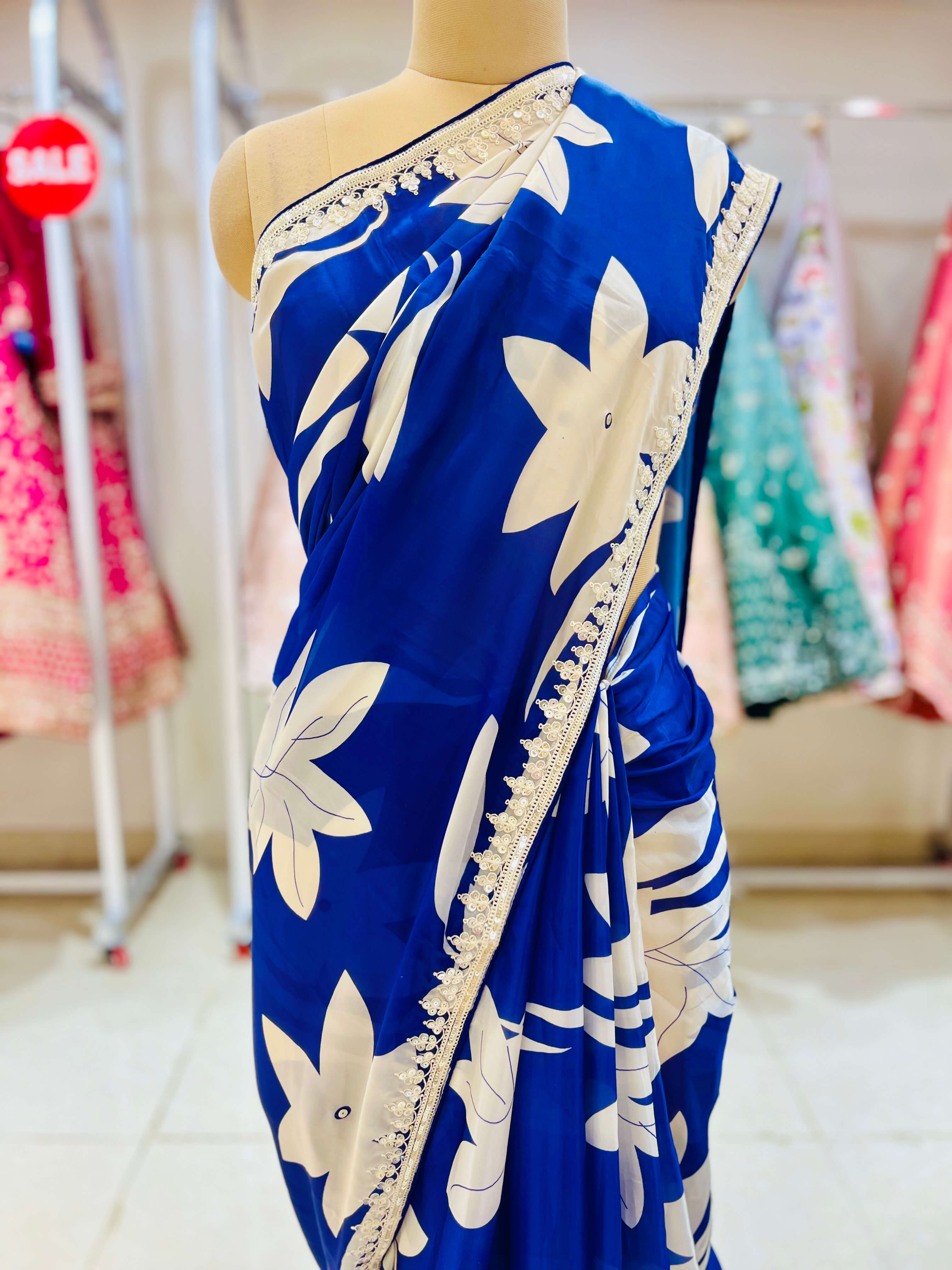 Navy Blue Silk Printed Designer Saree