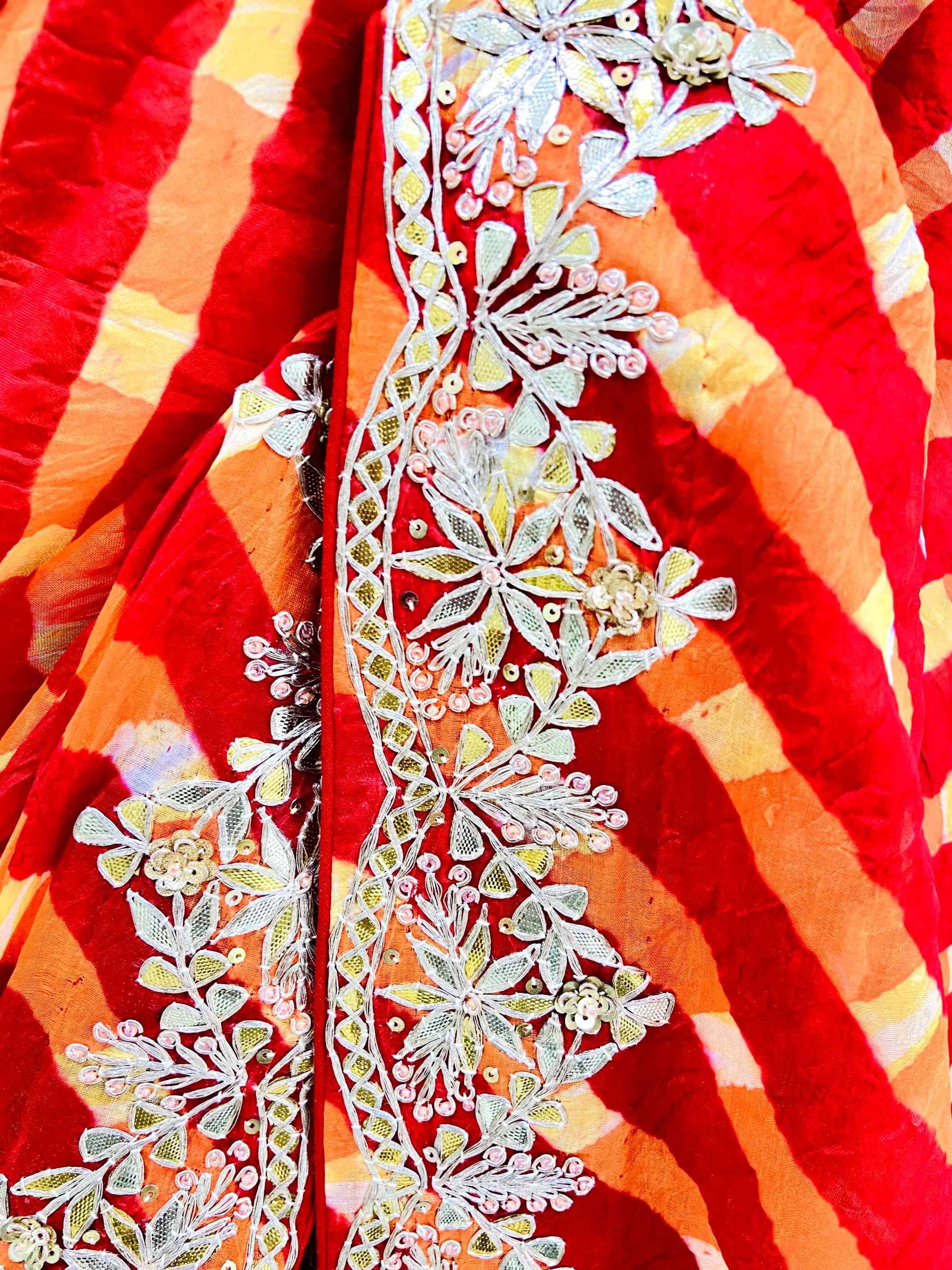 Orange & Red Pure Silk Leheriya Saree