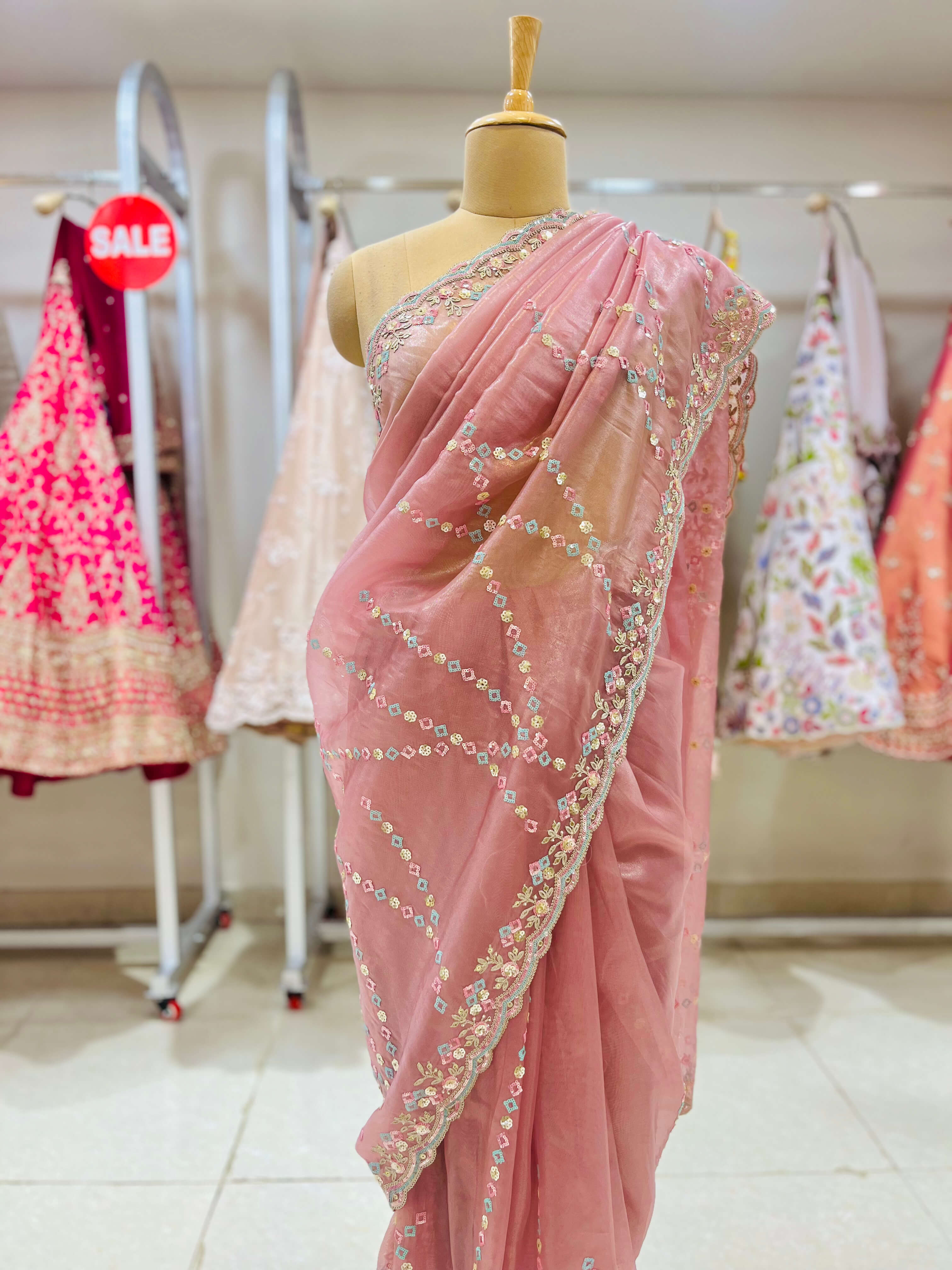 Baby Pink Embroidered Designer Tissue Saree