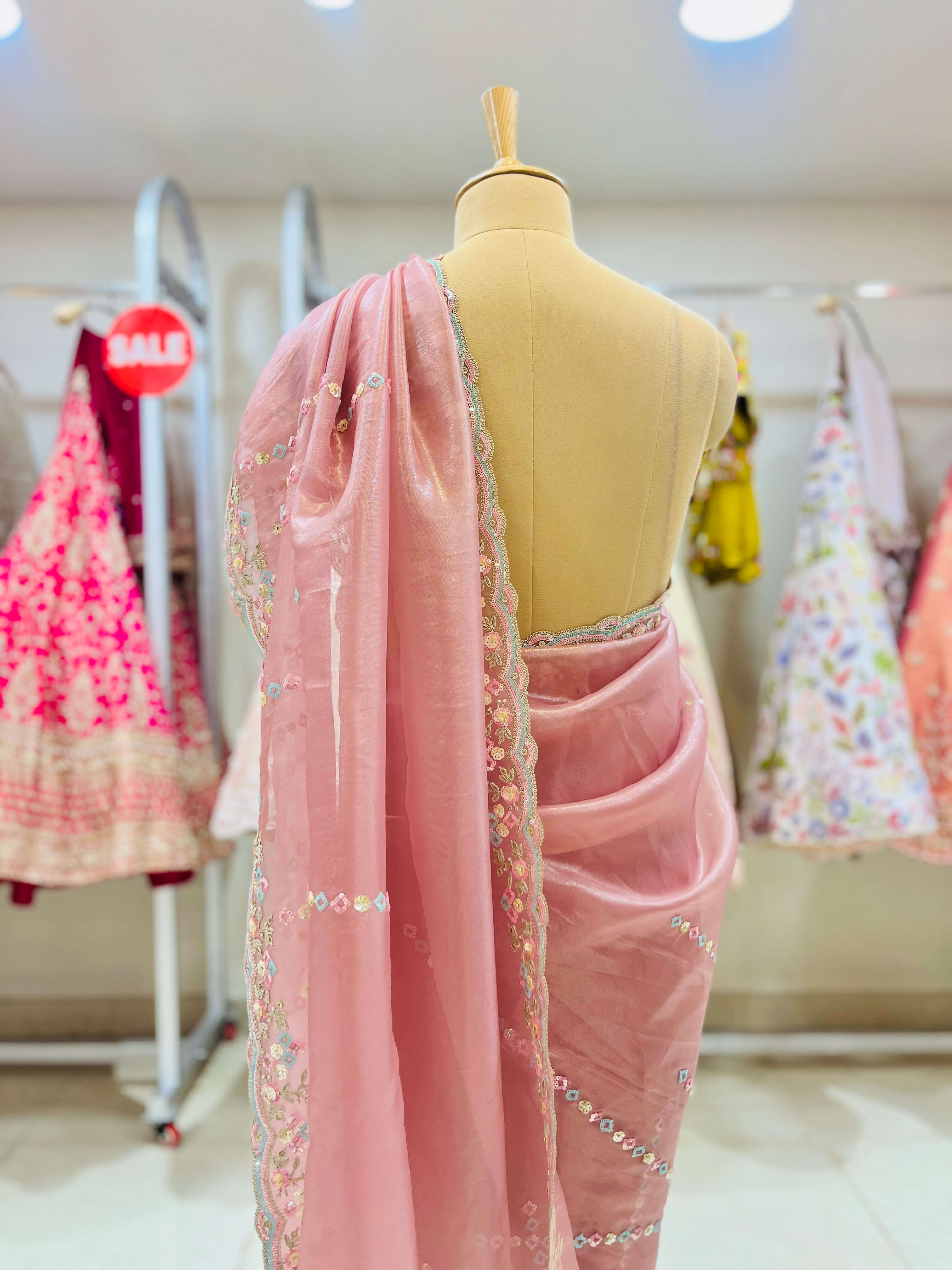 Baby Pink Embroidered Designer Tissue Saree