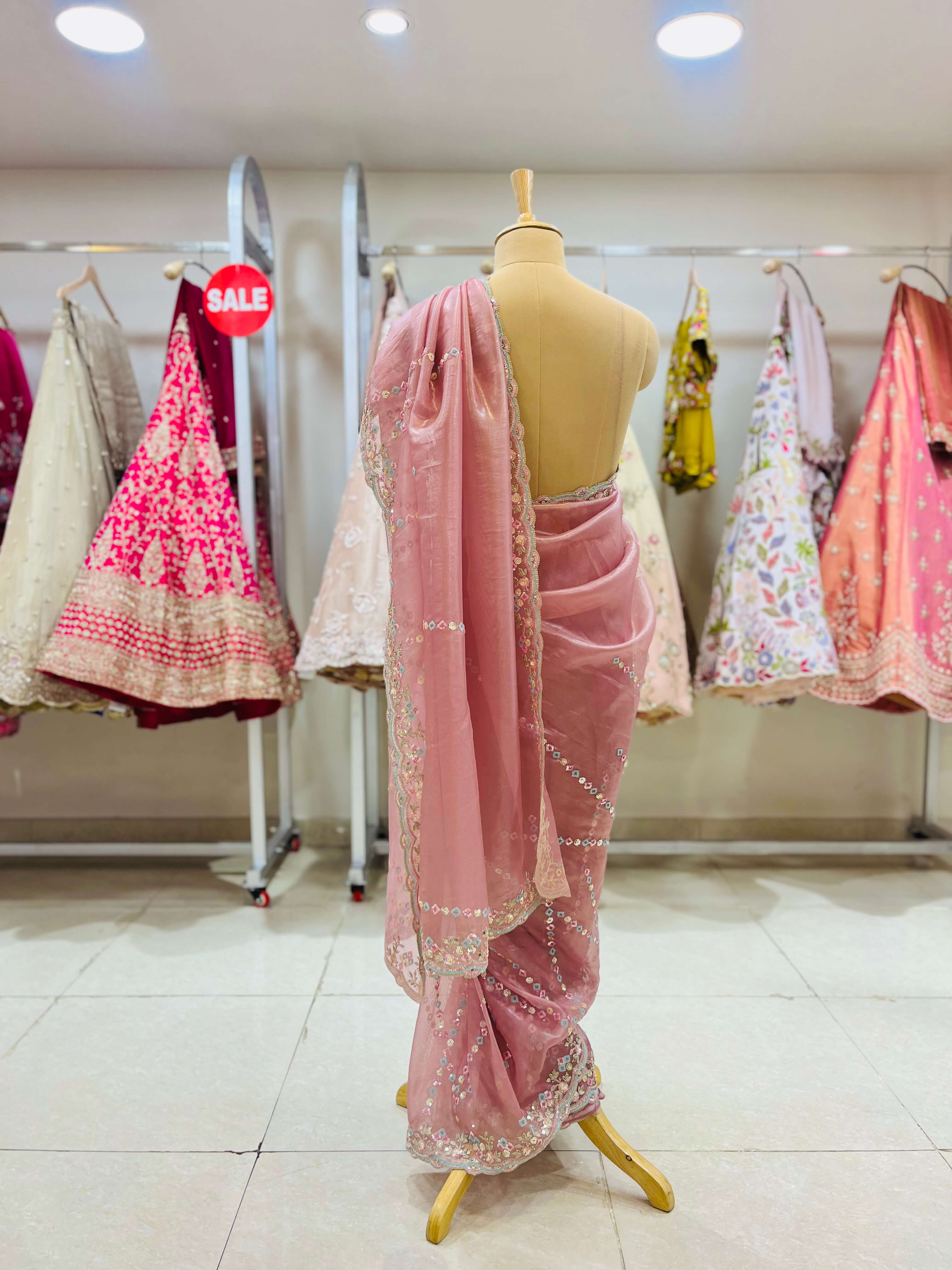 Baby Pink Embroidered Designer Tissue Saree