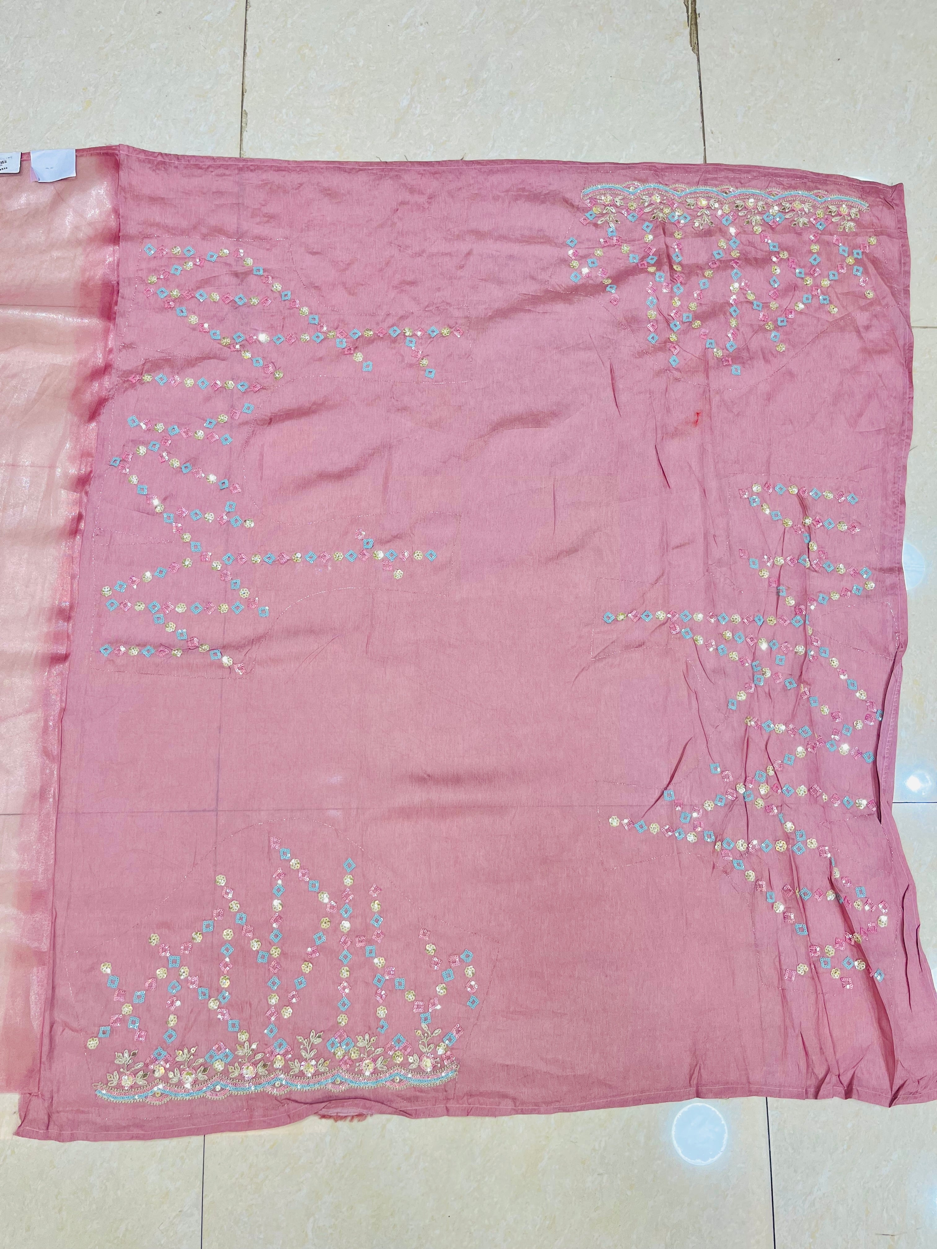 Baby Pink Embroidered Designer Tissue Saree