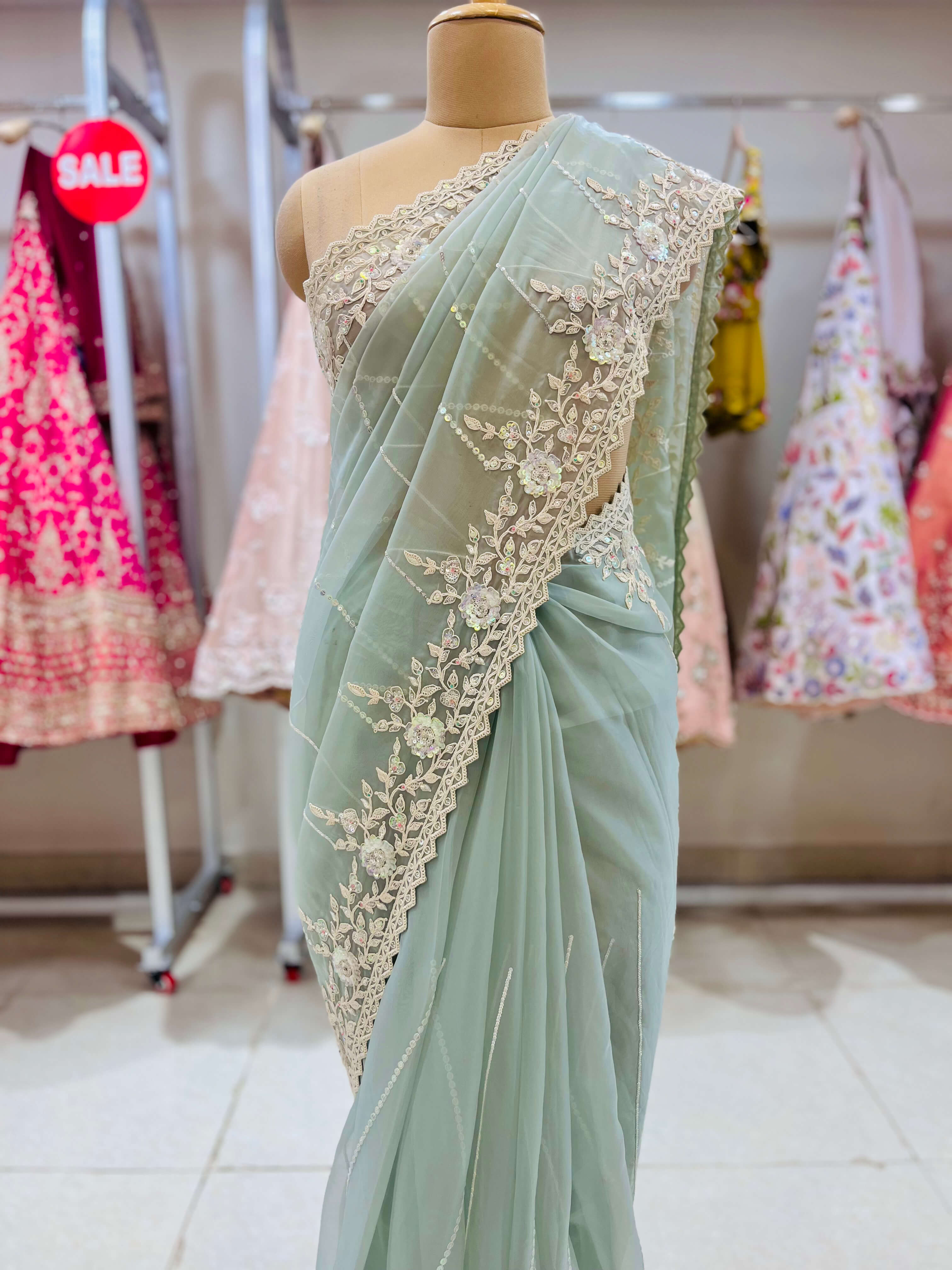 Sea Green Embroidered Designer Tissue Saree