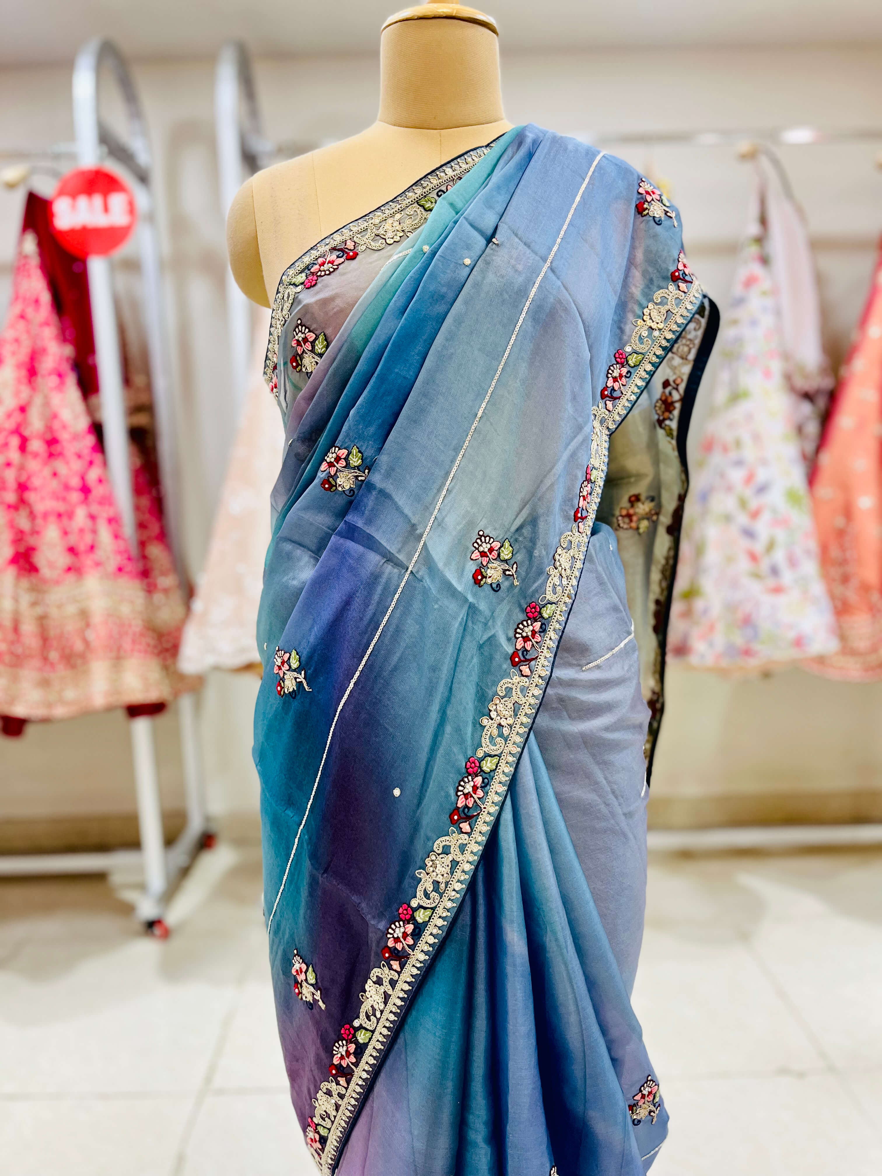 Steel Grey Embroidered Designer Organza Saree