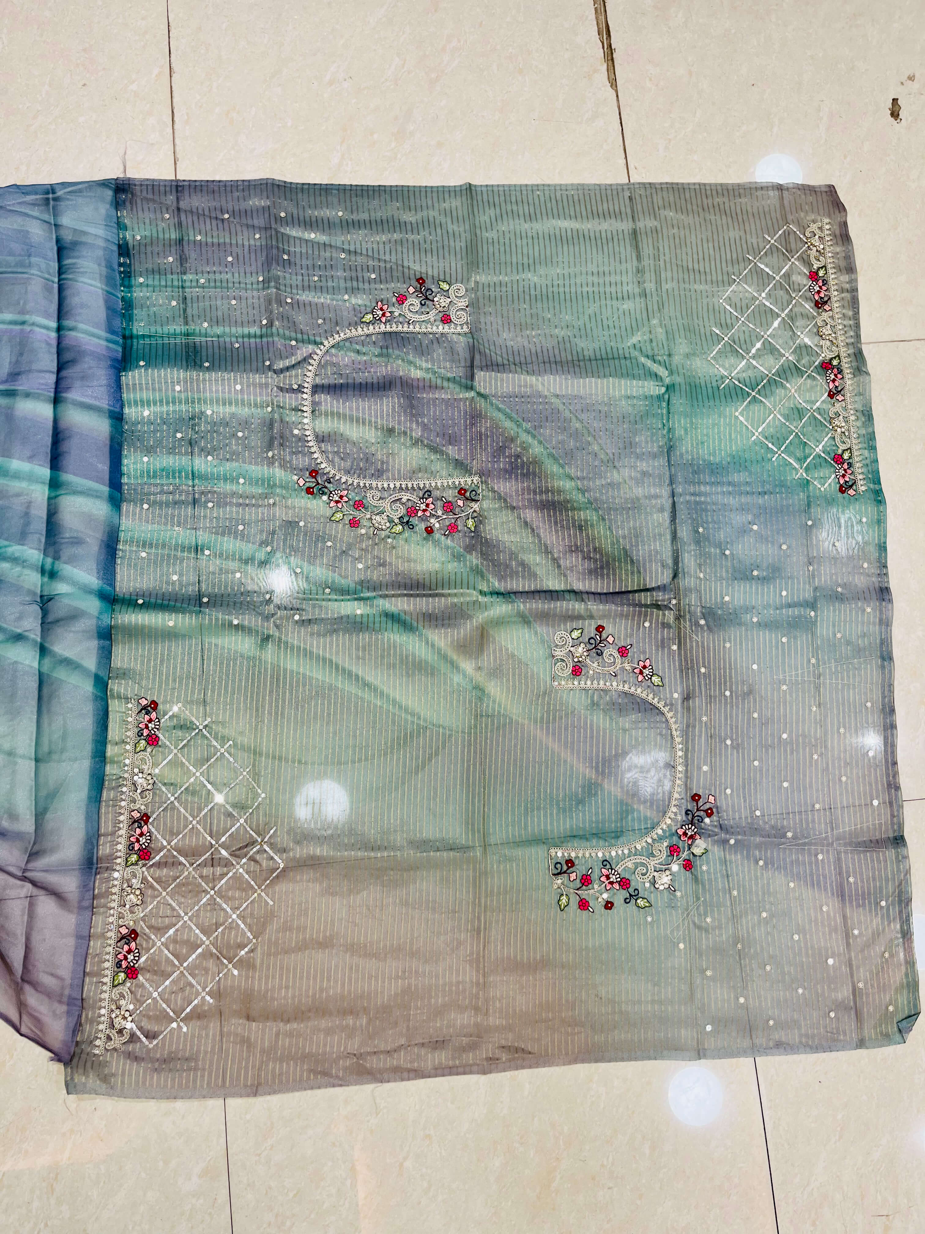 Steel Grey Embroidered Designer Organza Saree