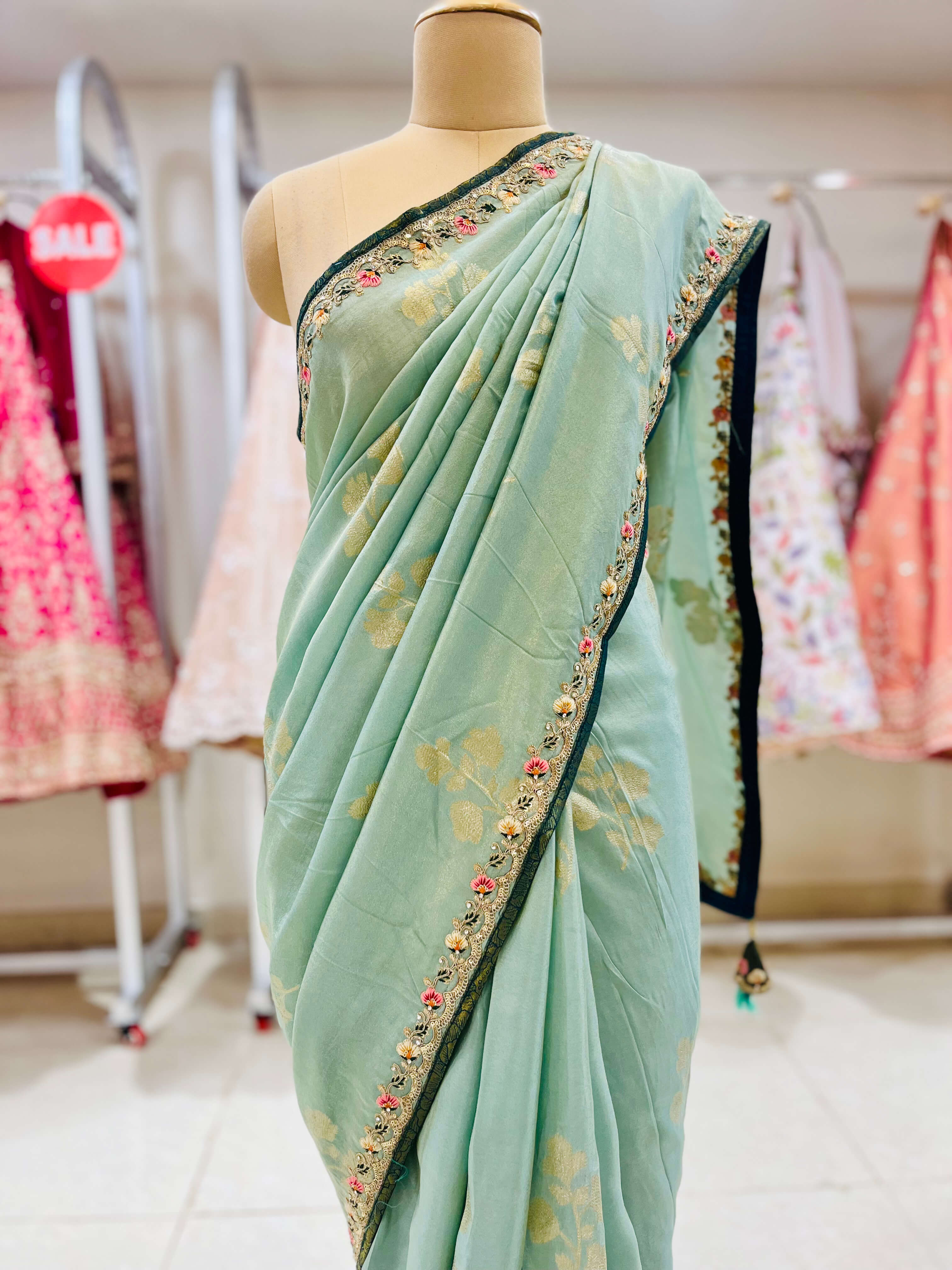 Light Green Embroidered Designer Silk Saree