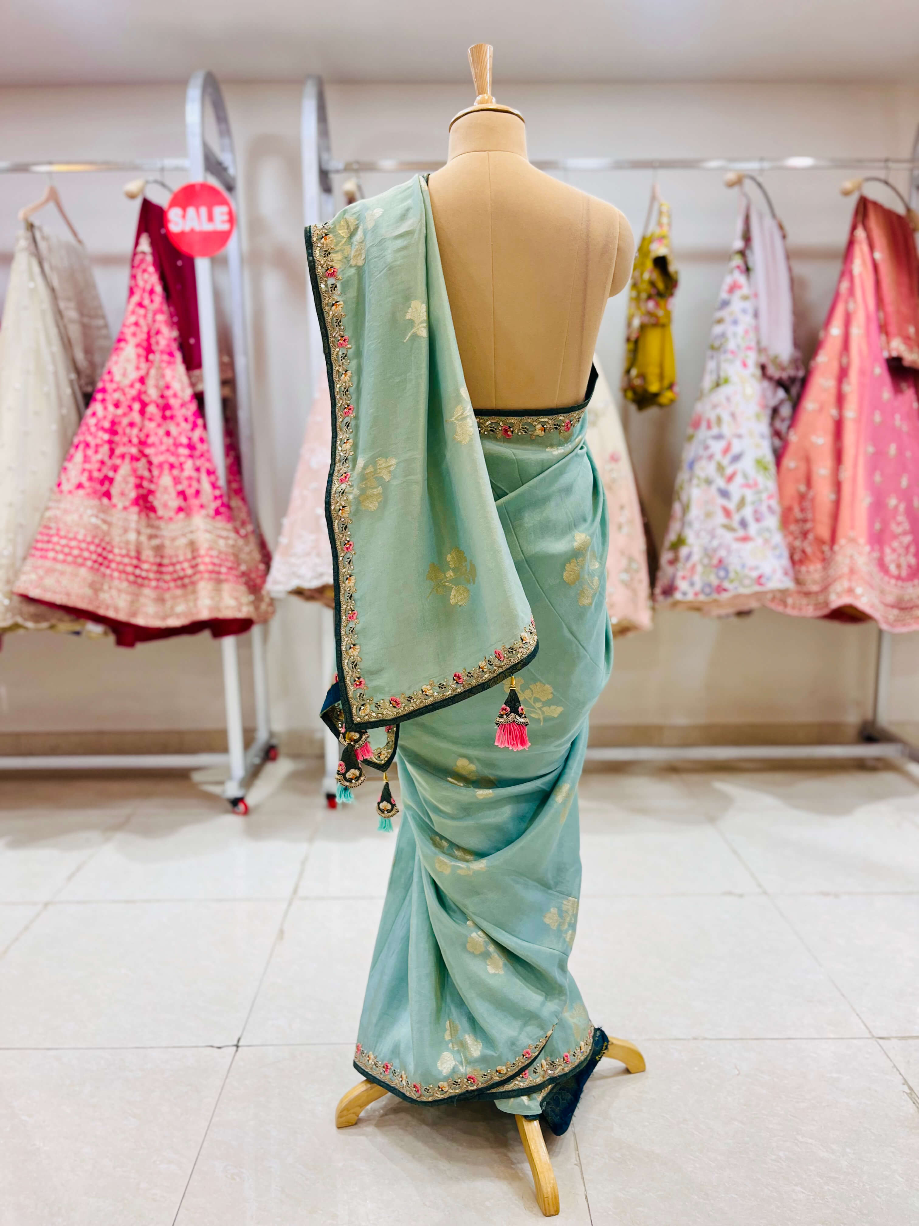 Light Green Embroidered Designer Silk Saree