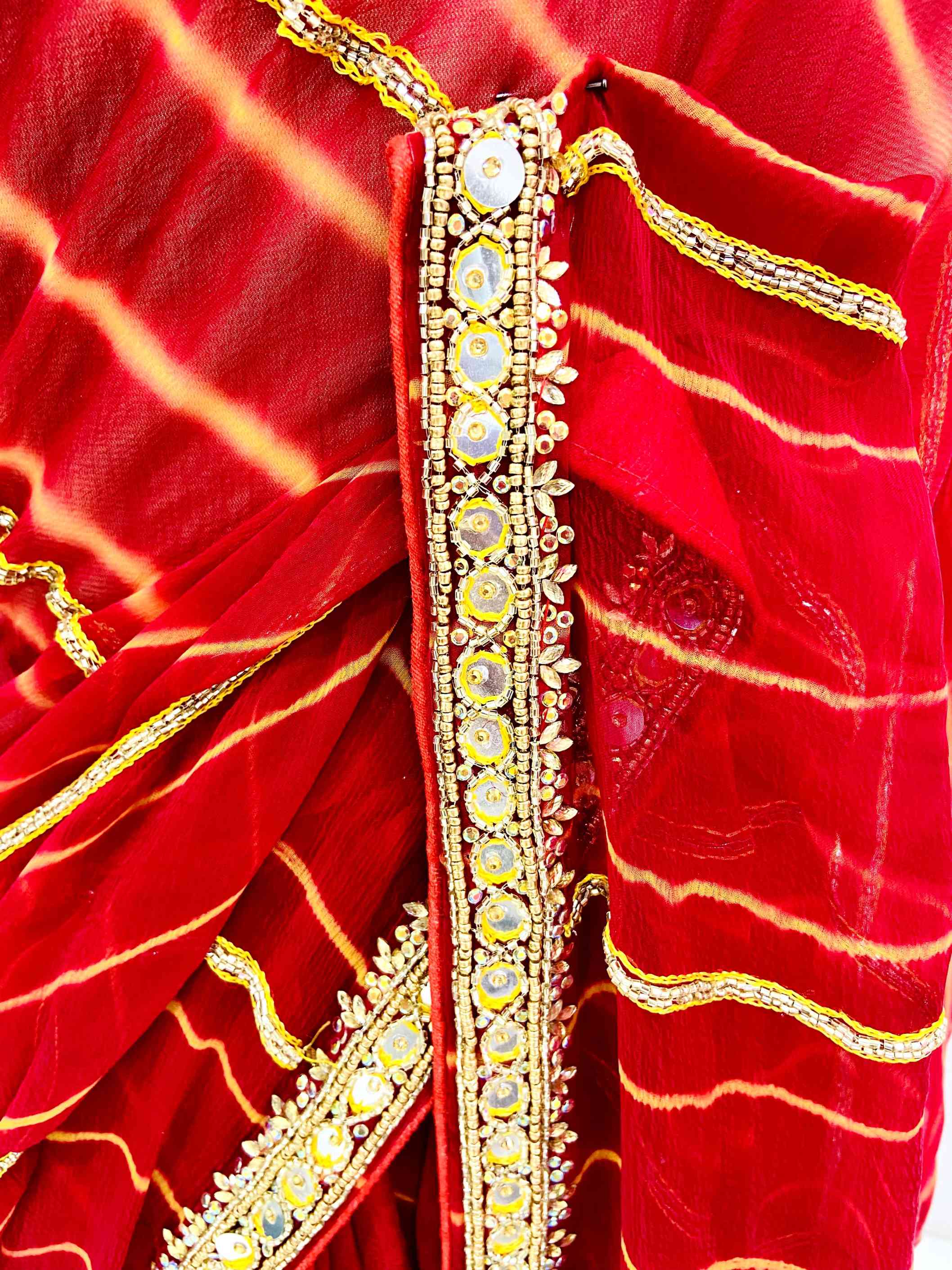 Red & Yellow Chiffon Leheriya Saree