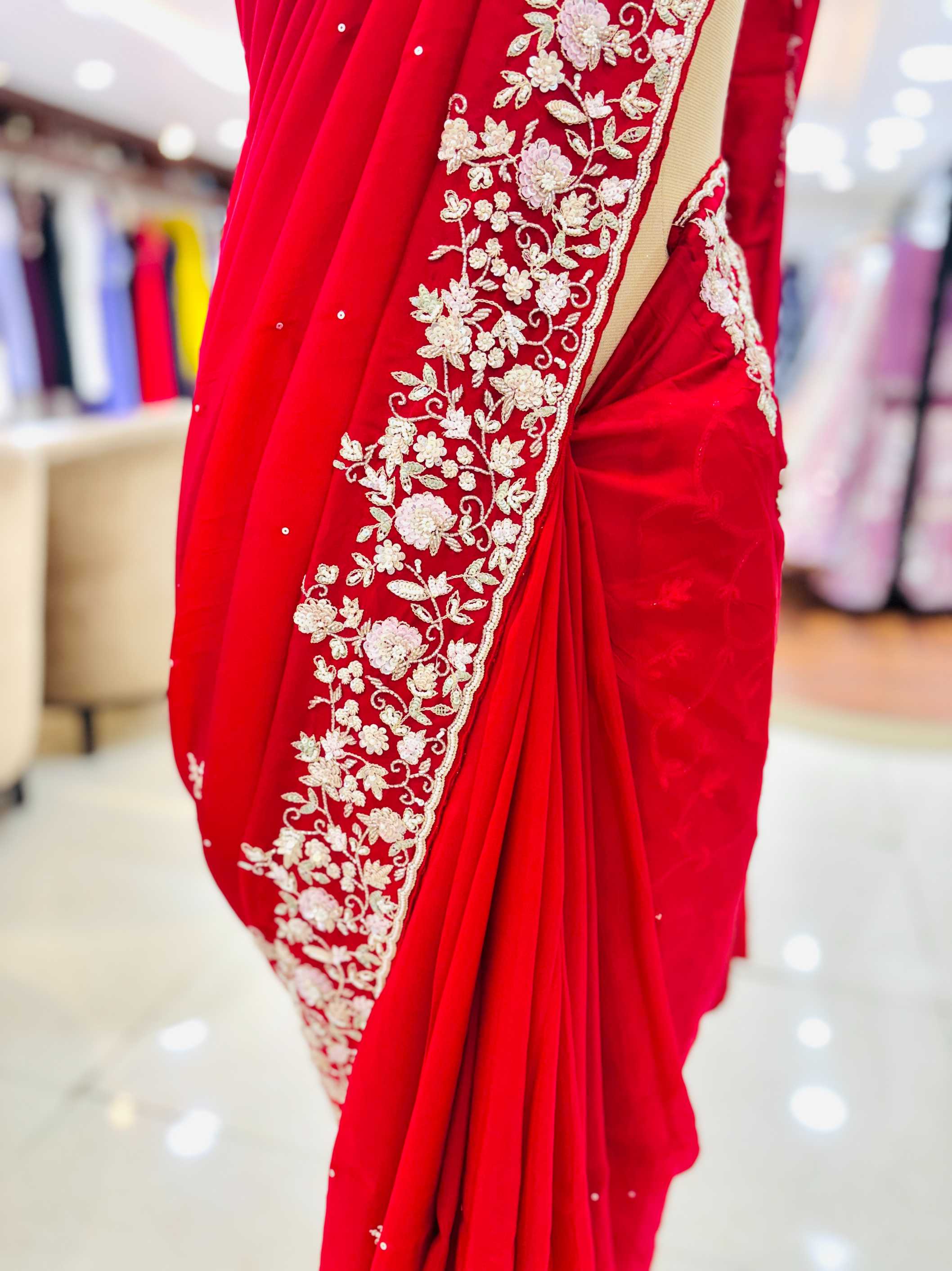 Dark Red Silk Hand Work Saree