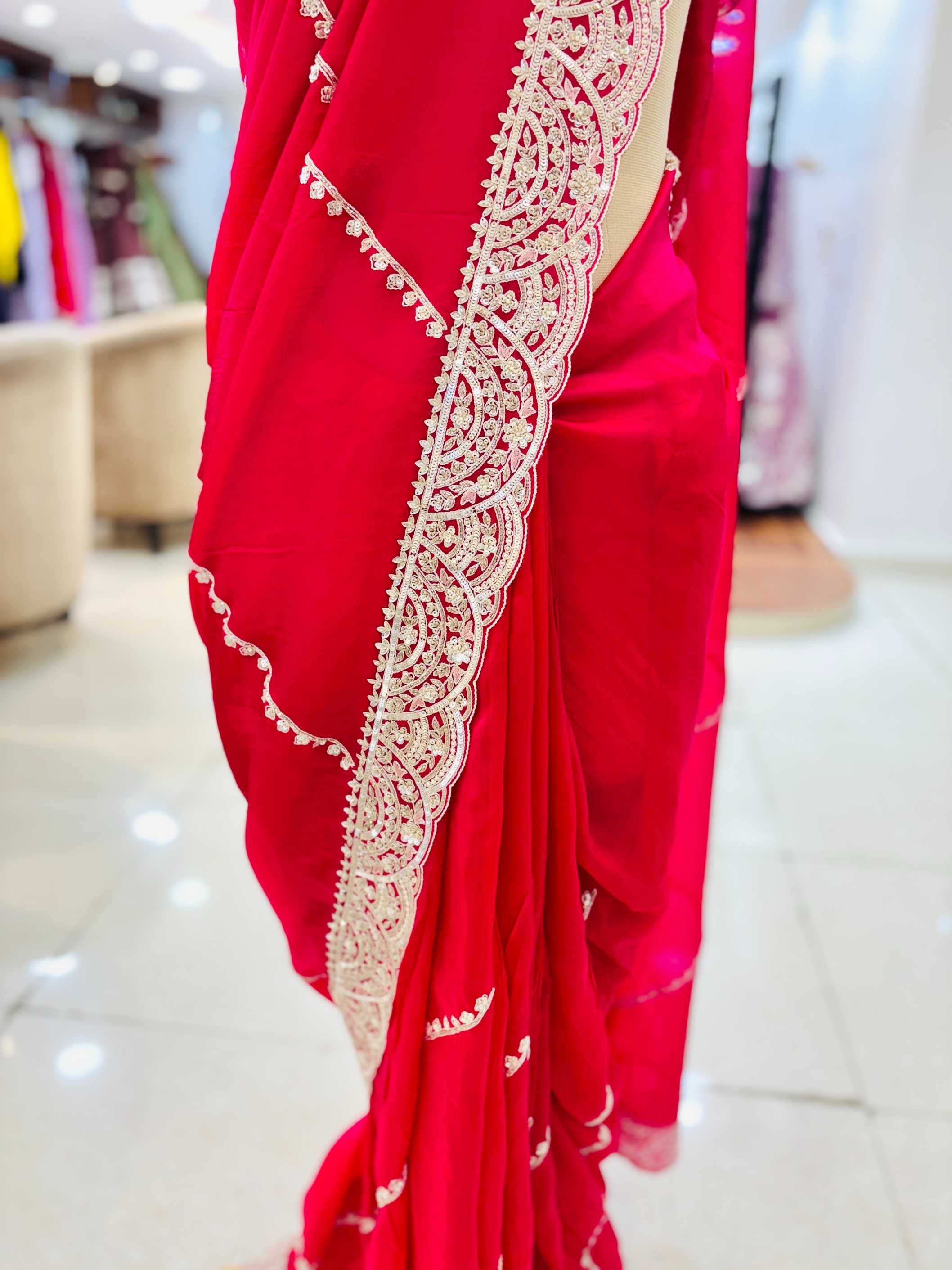 Dark Pink Tissue Organza Hand Work Saree