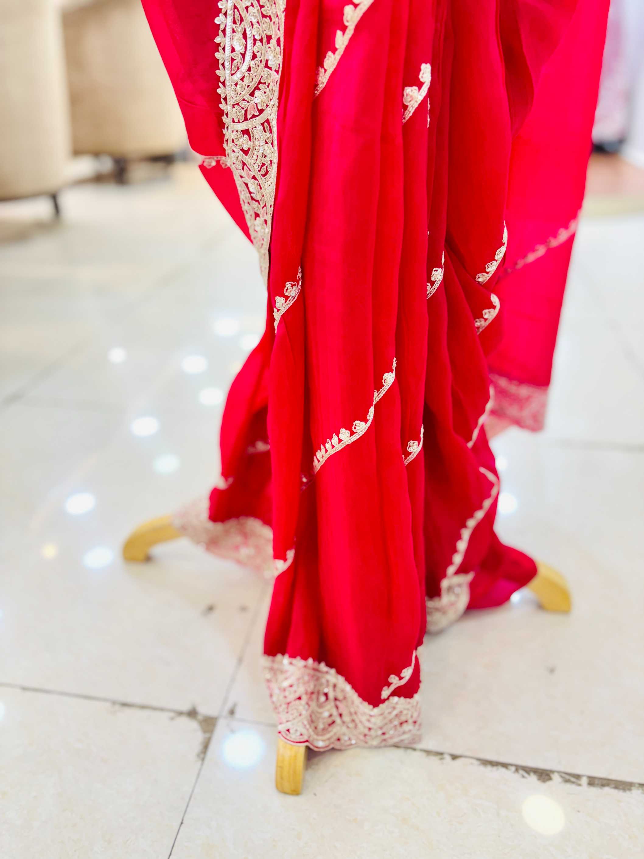 Dark Pink Tissue Organza Hand Work Saree